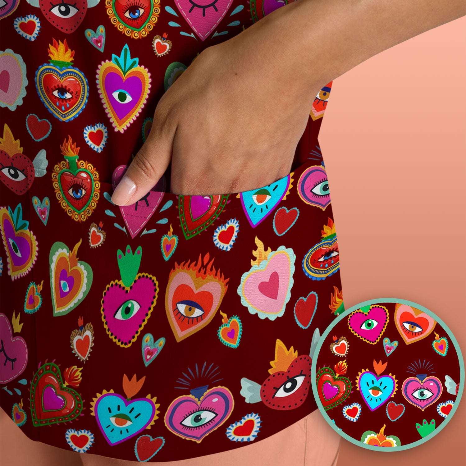Valentine Colorful Sacred Heart Print Medical Scrub Top, Comfortable Scrubs for Nurses