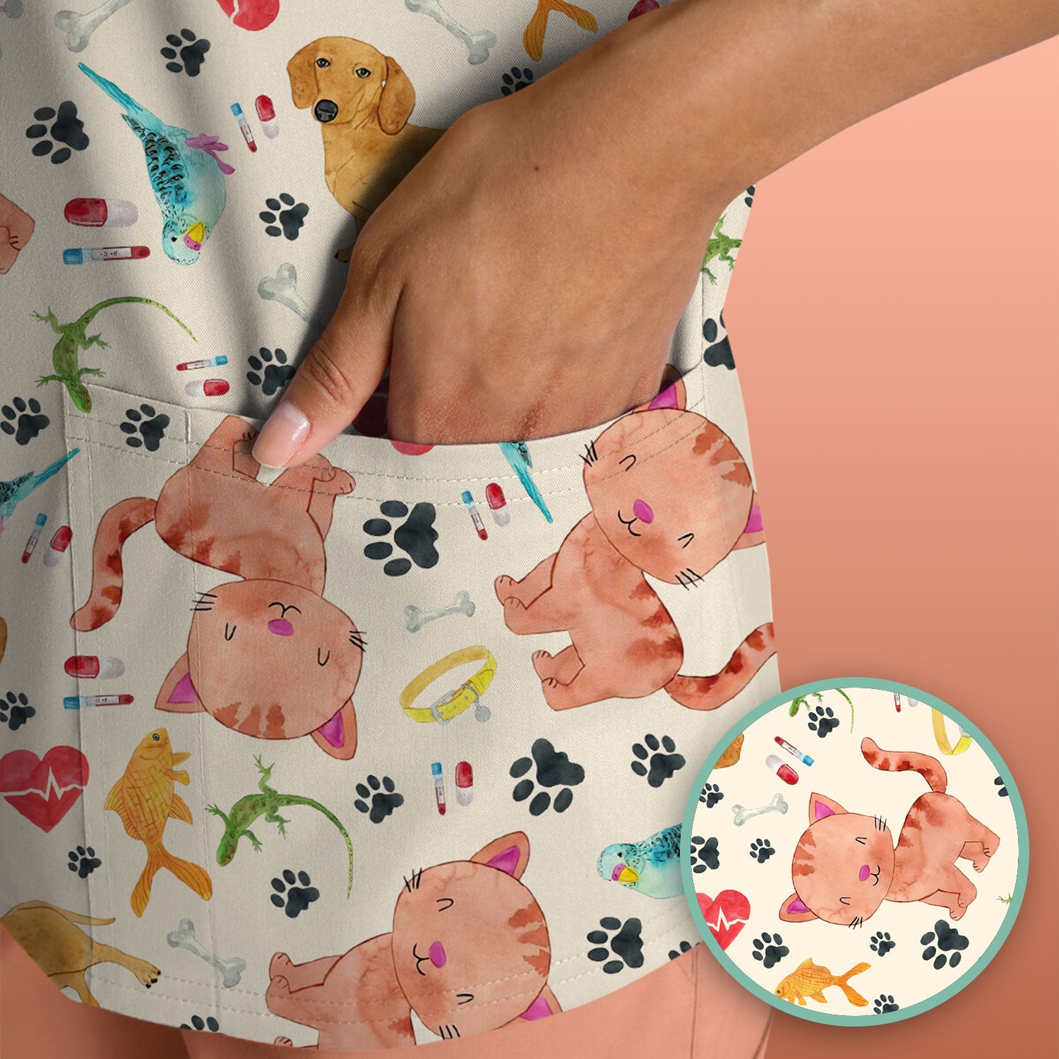 Cat Dog Veterinary Scrub Top - Cute Animal Paw Print Medical Shirt - Adorable Nurse Scrubs for Women RN CNA Vet Tech