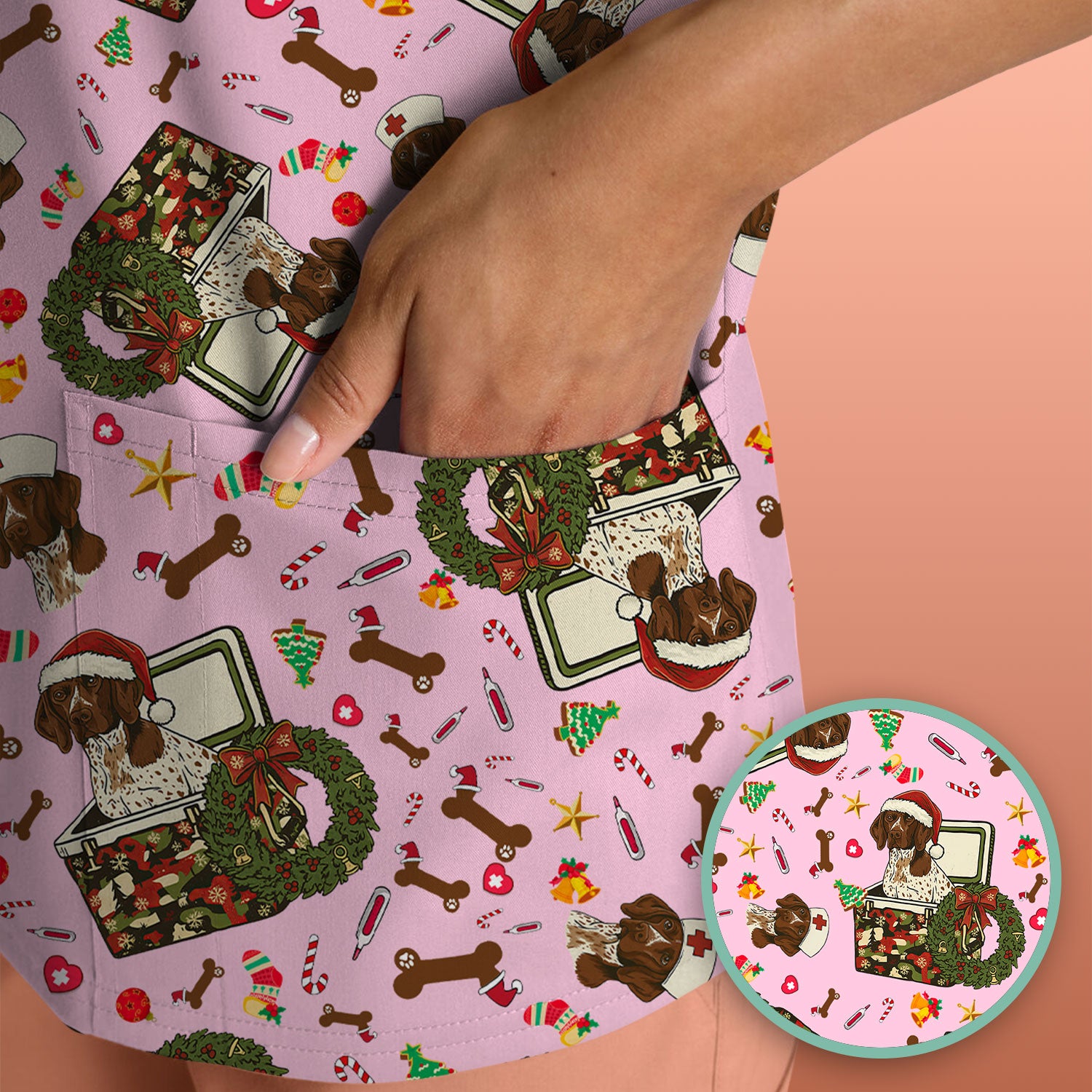 Christmas Dachshund Scrub Top - Cute Sausage Dog Nurse Shirt - Funny Holiday Medical Uniform for Women RN LPN CNA Gift
