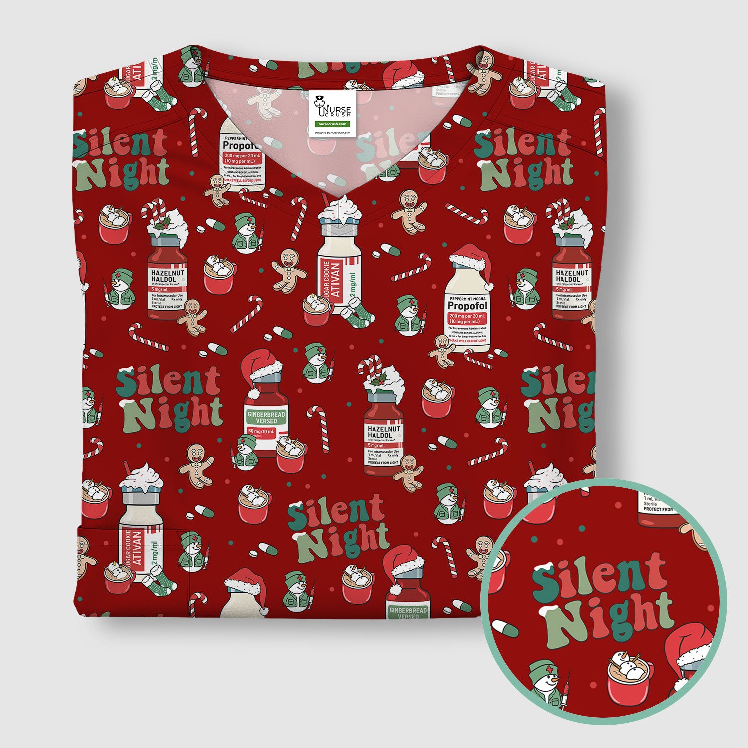 Funny Medicine Scrub Top for Nurses - Silent Night Propofol Print Christmas Scrub Tops with Candy Cane & Gingerbread - Holiday Medical Shirt Gift for RN CNA LPN