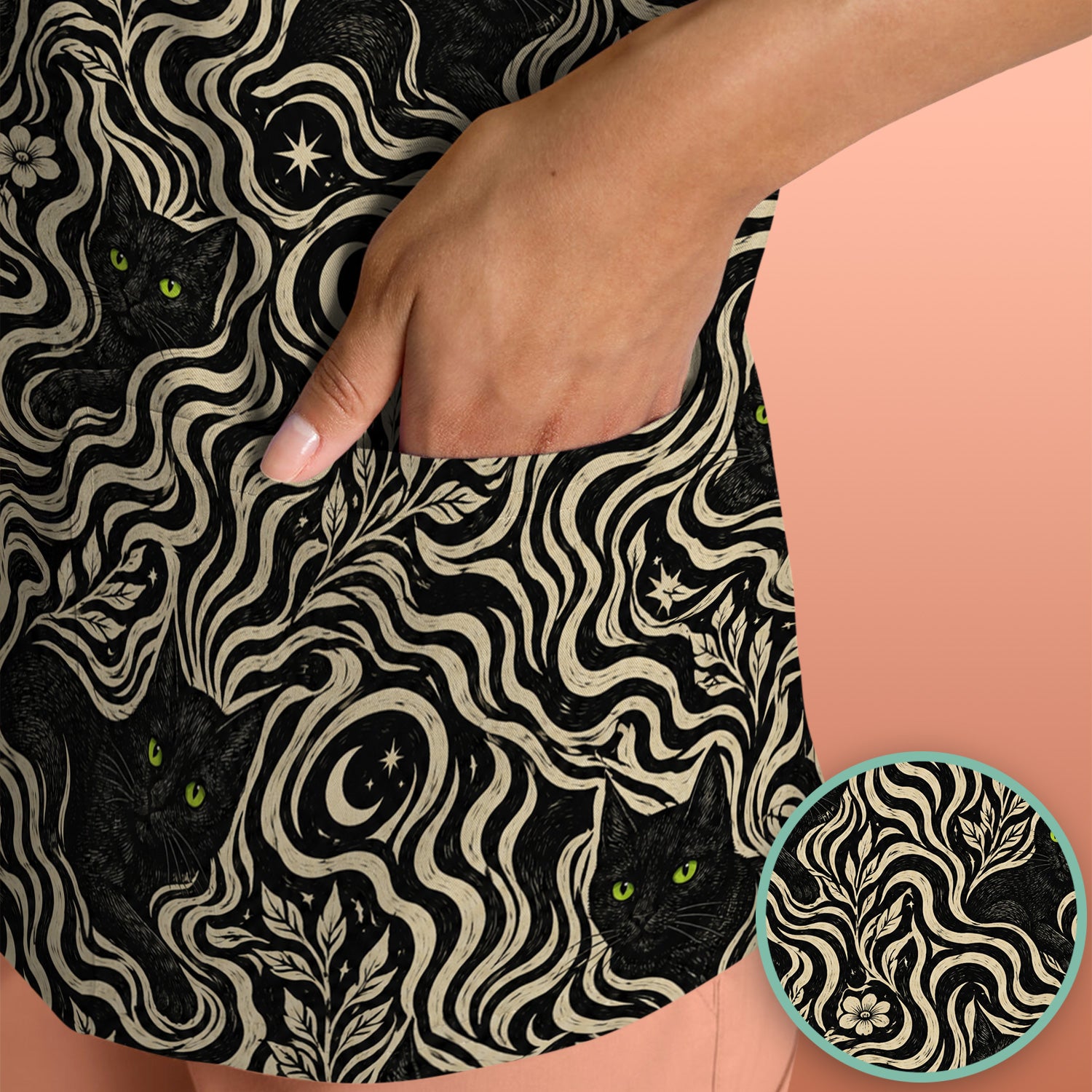 Mystical Black Cat Moonlit Pattern Scrub Top, Comfortable Scrubs for Nurses