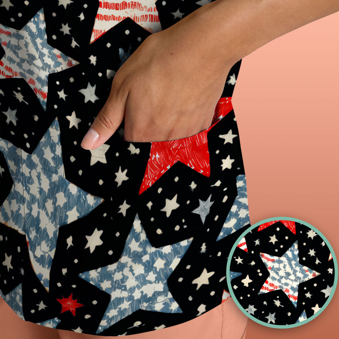 Patriotic Star Pattern Medical Scrub Top, Breathable Fabrics Nursing Uniform
