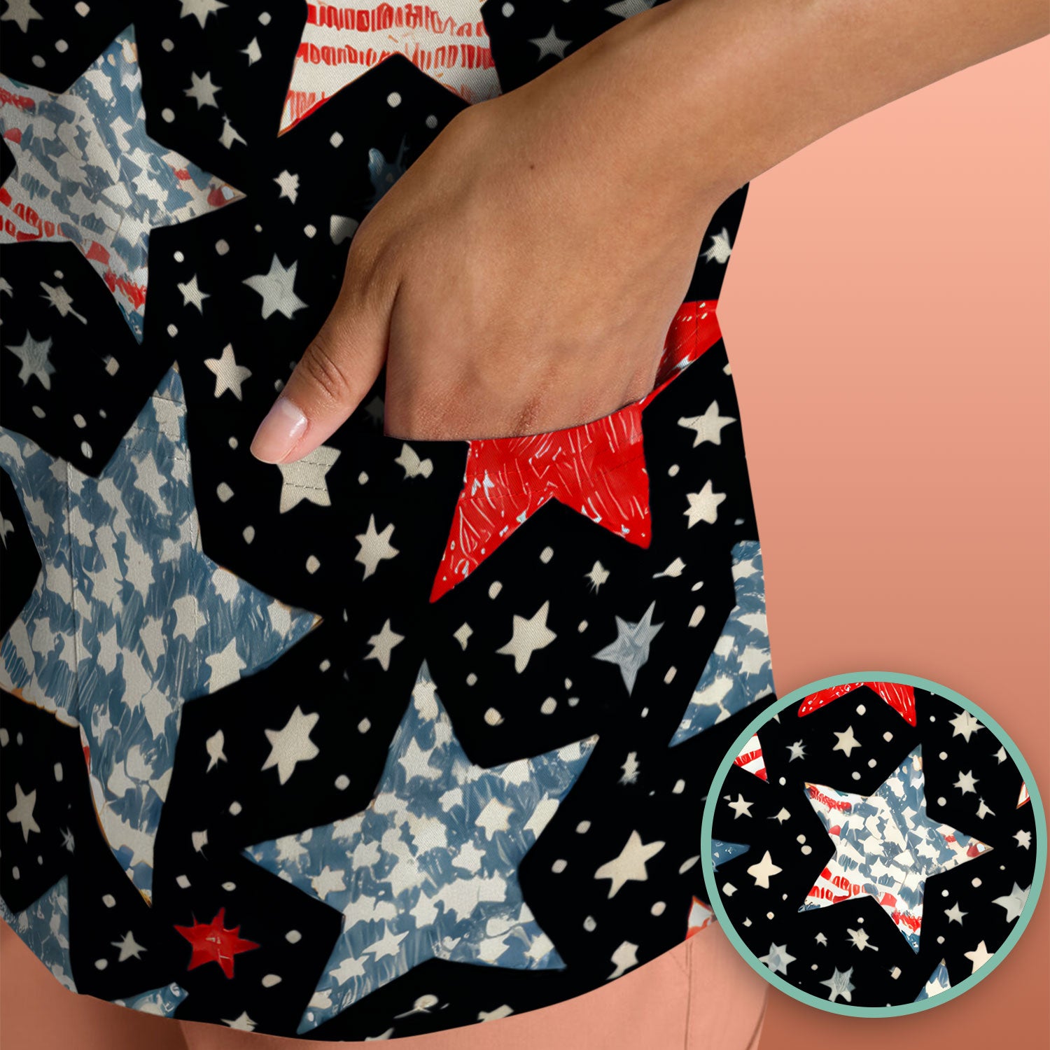 Patriotic Star Pattern Medical Scrub Top, Breathable Fabrics Nursing Uniform