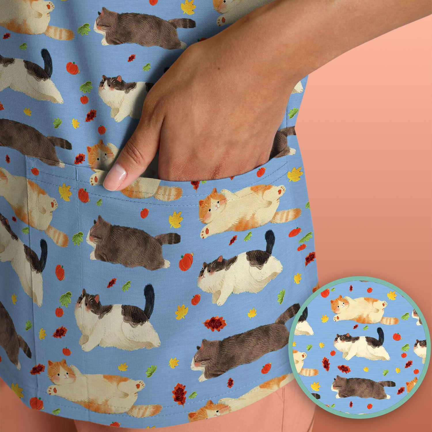 Chubby Cat Autumn Leaves Print Scrub Top, Breathable Fabrics Nursing Uniform