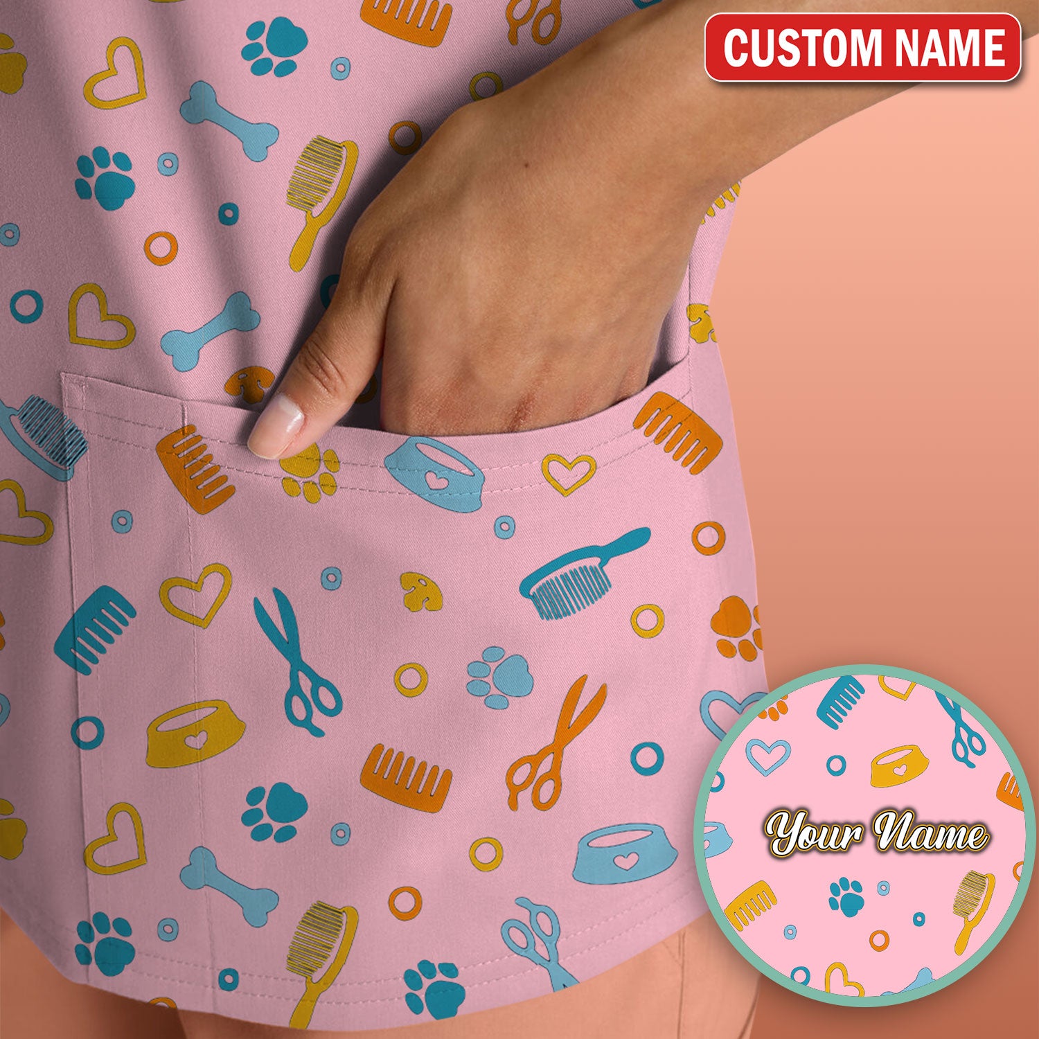Custom Name Dog Cat Grooming Pattern Scrub Top, Breathable Fabrics Nursing Uniform