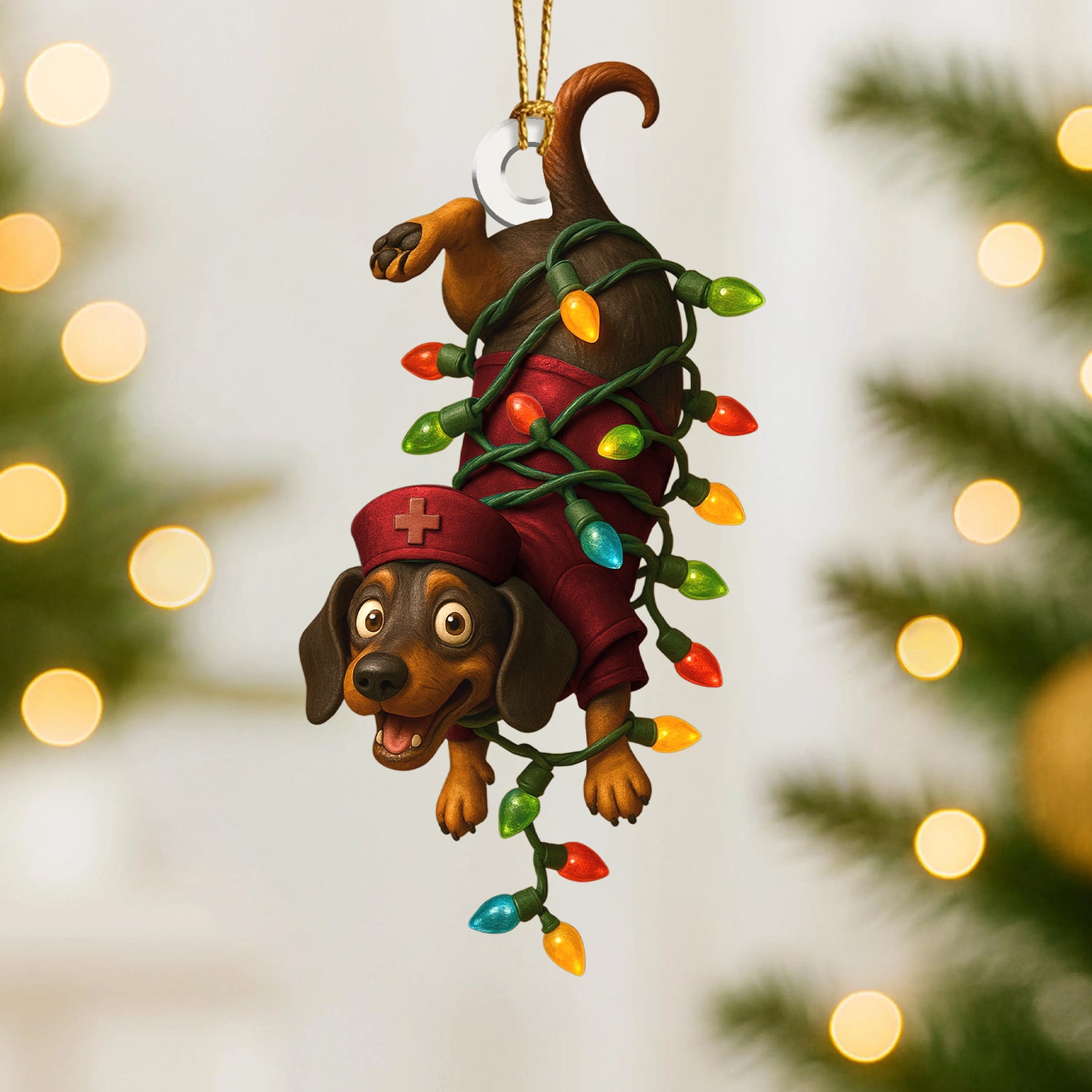 Personalized Nurse Dachshund Ornament, Funny Wiener Dog Christmas Ornament With Lights, Custom Medical Ornament for RN, LPN, CNA Gift