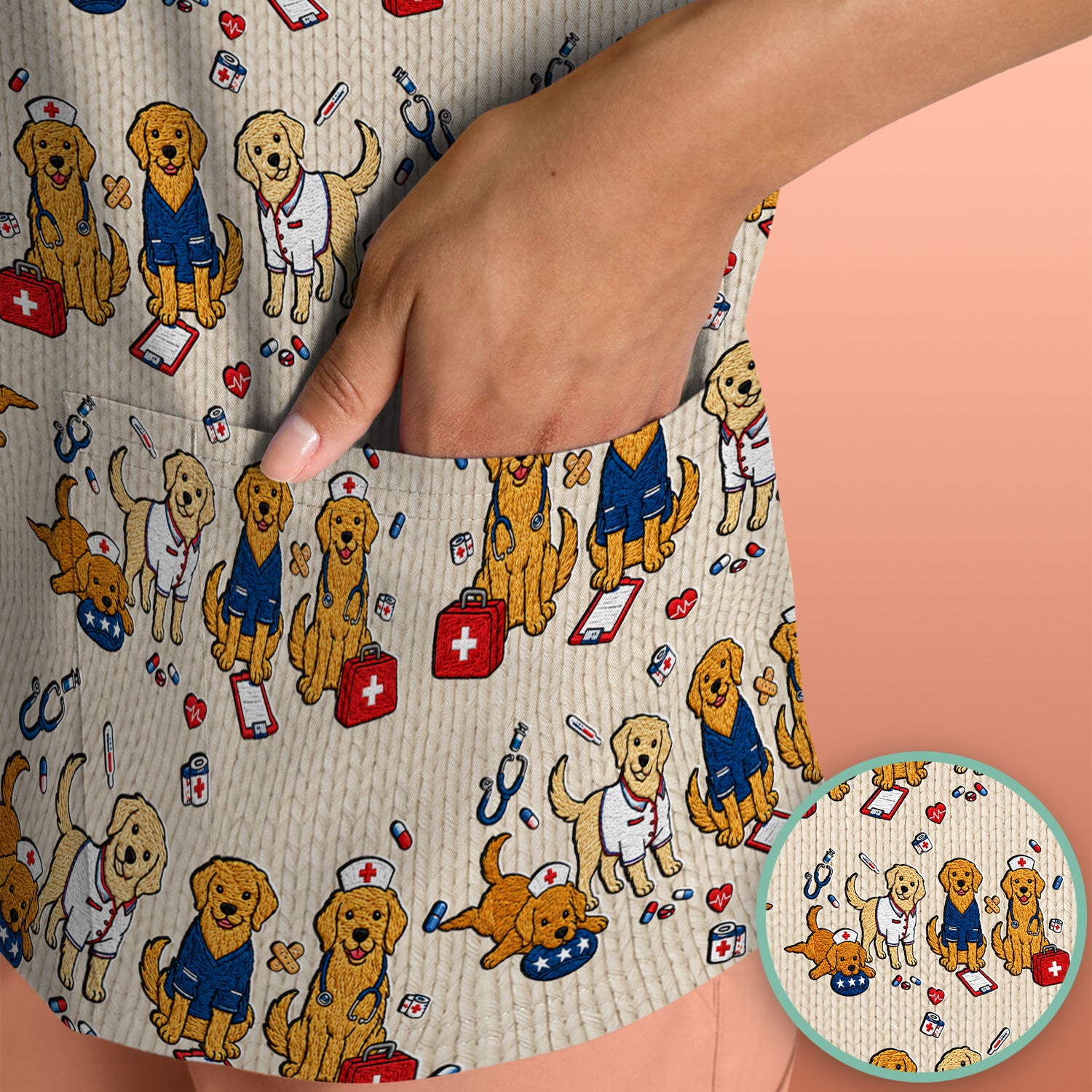 Golden Retriever Nurse Dog Pattern Scrub Top, Breathable Fabrics Nursing Uniform Scrub Top, Comfortable Scrubs for Nurses