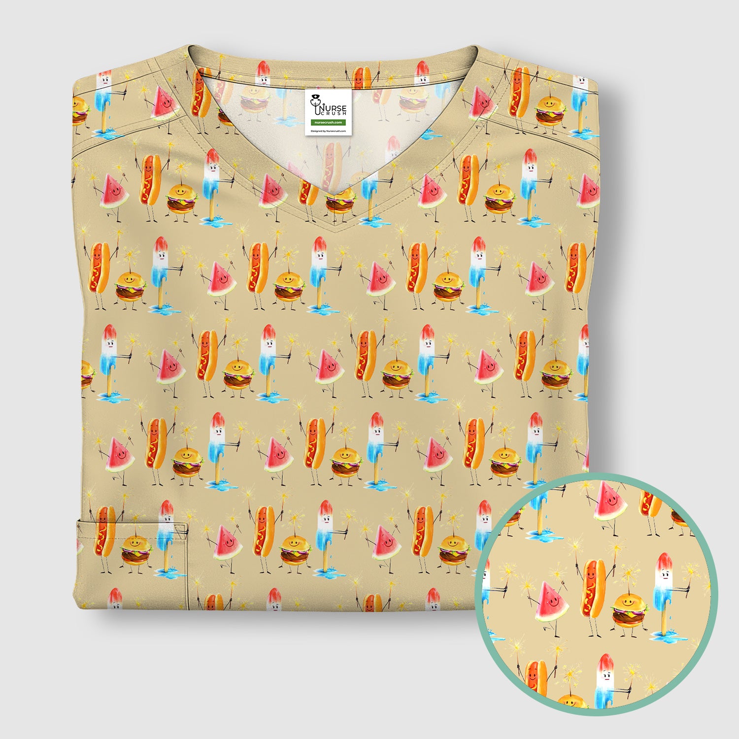 Funny Summer Food Icons Pattern Scrub Top, Comfortable Scrubs for Nurses