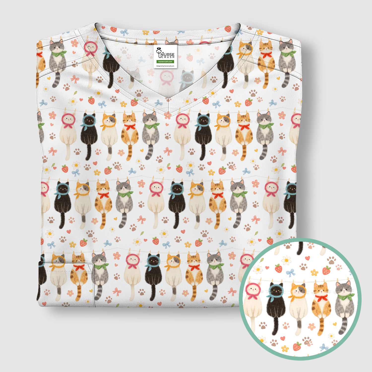 Cute Cat Clothesline Pattern Scrub Top, Comfortable Scrubs for Nurses