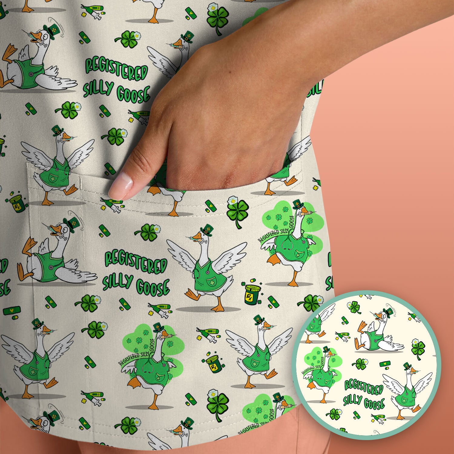 Silly Goose St. Patrick’s Day Scrub Top, Funny Goose Shamrock Pattern Nurse Scrub Shirt, Irish Green Nursing Uniform