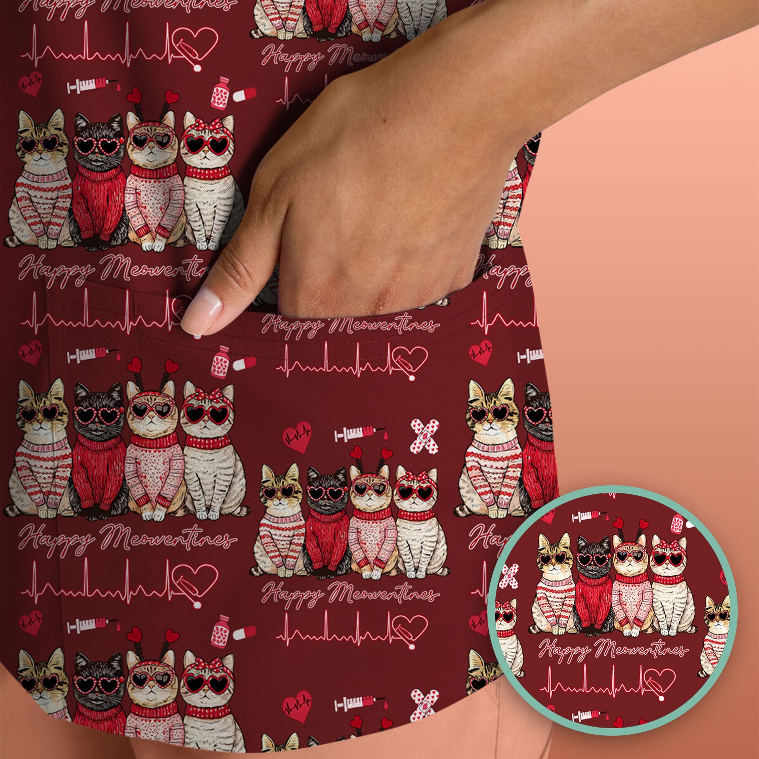 Happy Meowtines Cat Pattern Scrub Top, Valentine Cat Lover Nurse Scrub Shirt, Heartbeat Medical Pattern Nursing Uniform