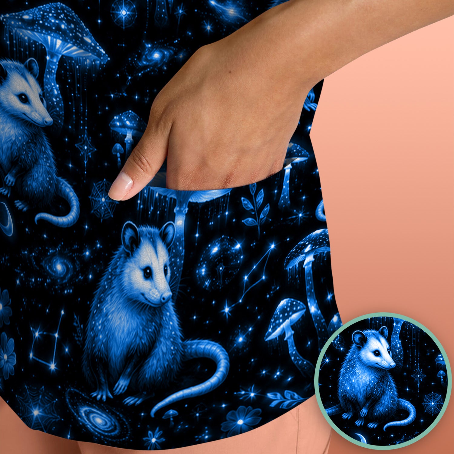 Celestial Blue Opossum With Mushroom Pattern Scrub Top, Comfortable Scrubs for Nurses