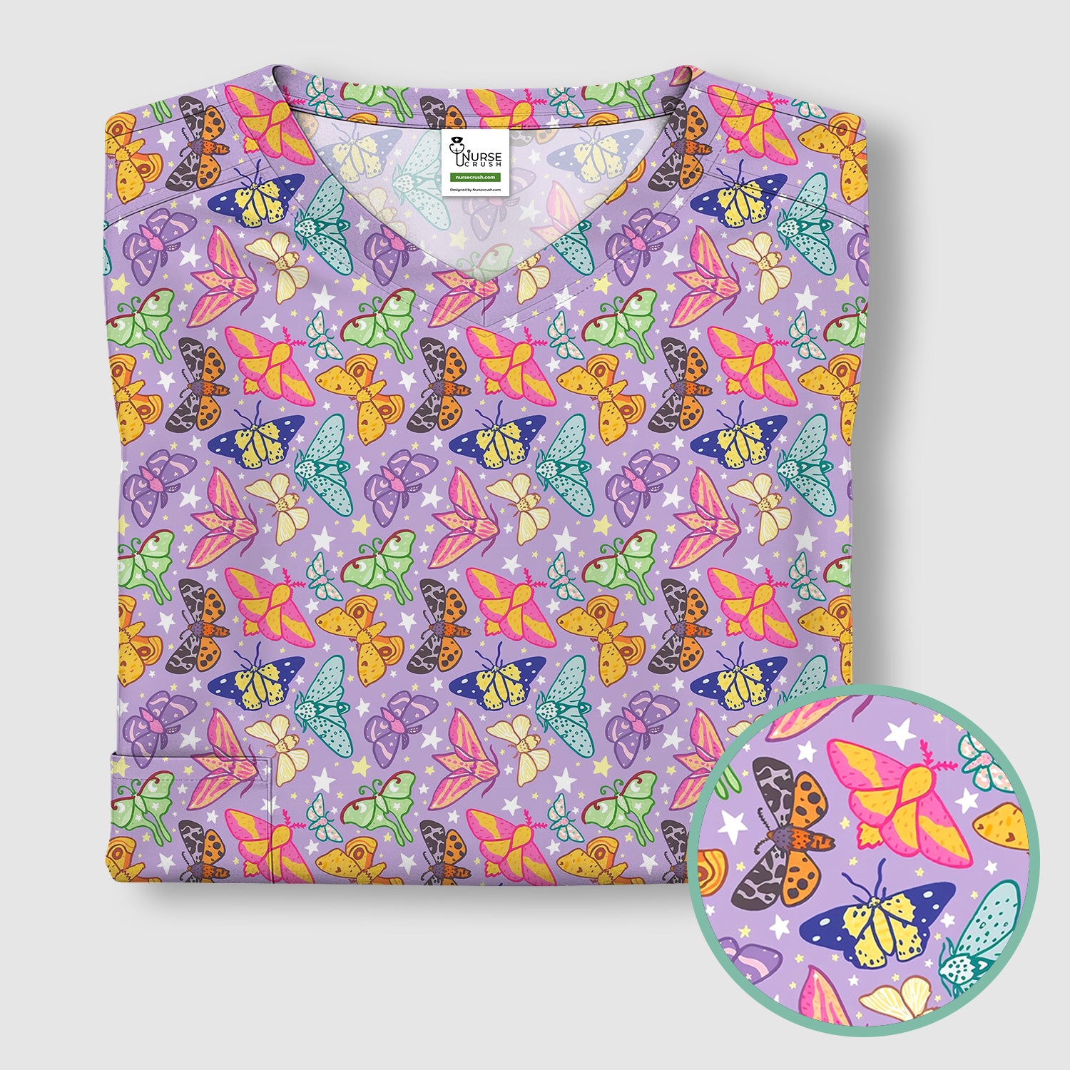 Colorful Butterfly Moth Garden Pattern Scrub Top, Comfortable Scrubs for Nurses