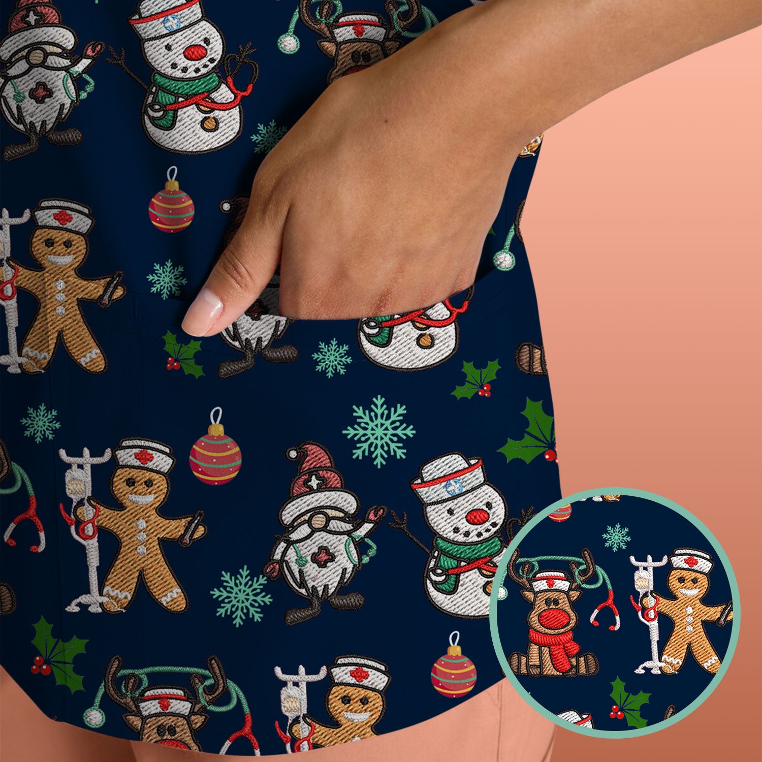 Reindeer Xmas Scrubs for Women - Gingerbread Cookies Shirts - Comfortable Scrubs for Nurses - Breathable Nursing Uniform