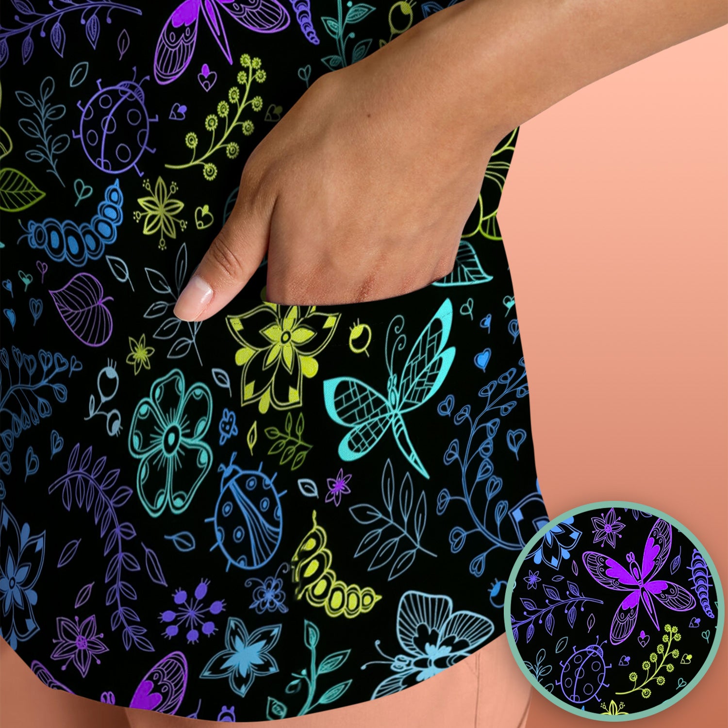 Neon Butterfly and Floral Garden Pattern Scrub Top, Comfortable Scrubs for Nurses