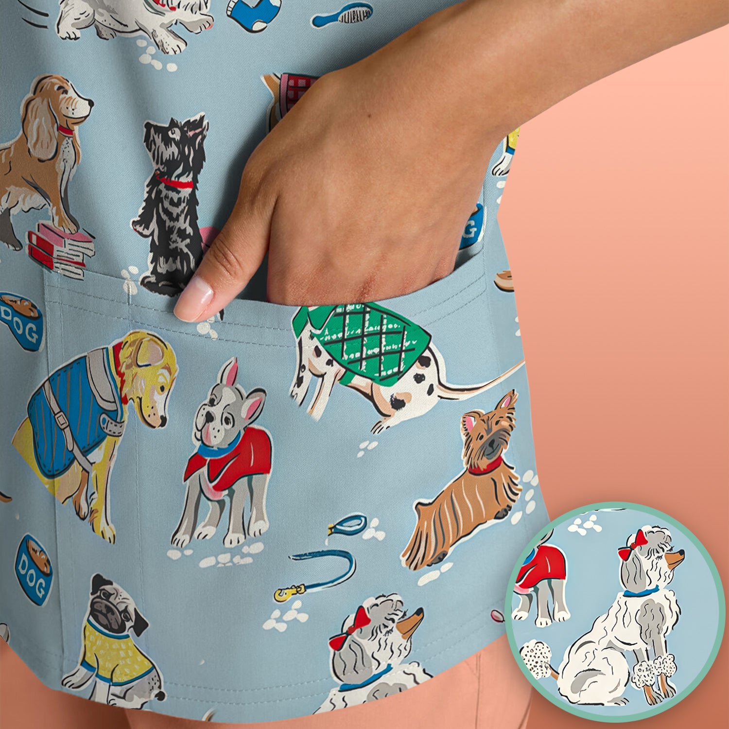 Cute Dog Wearing Sweater Playing Ball Pattern Scrub Top, Comfortable Scrubs for Nurses