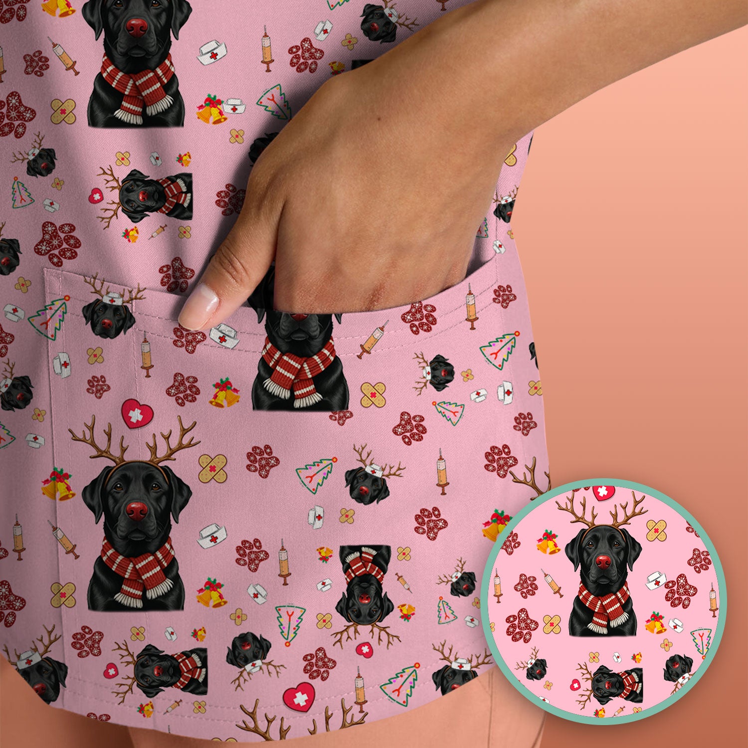 Black Lab Christmas Scrub Top - Funny Labrador Nurse Shirt - Cute Holiday Medical Uniform for Women RN LPN CNA Gift