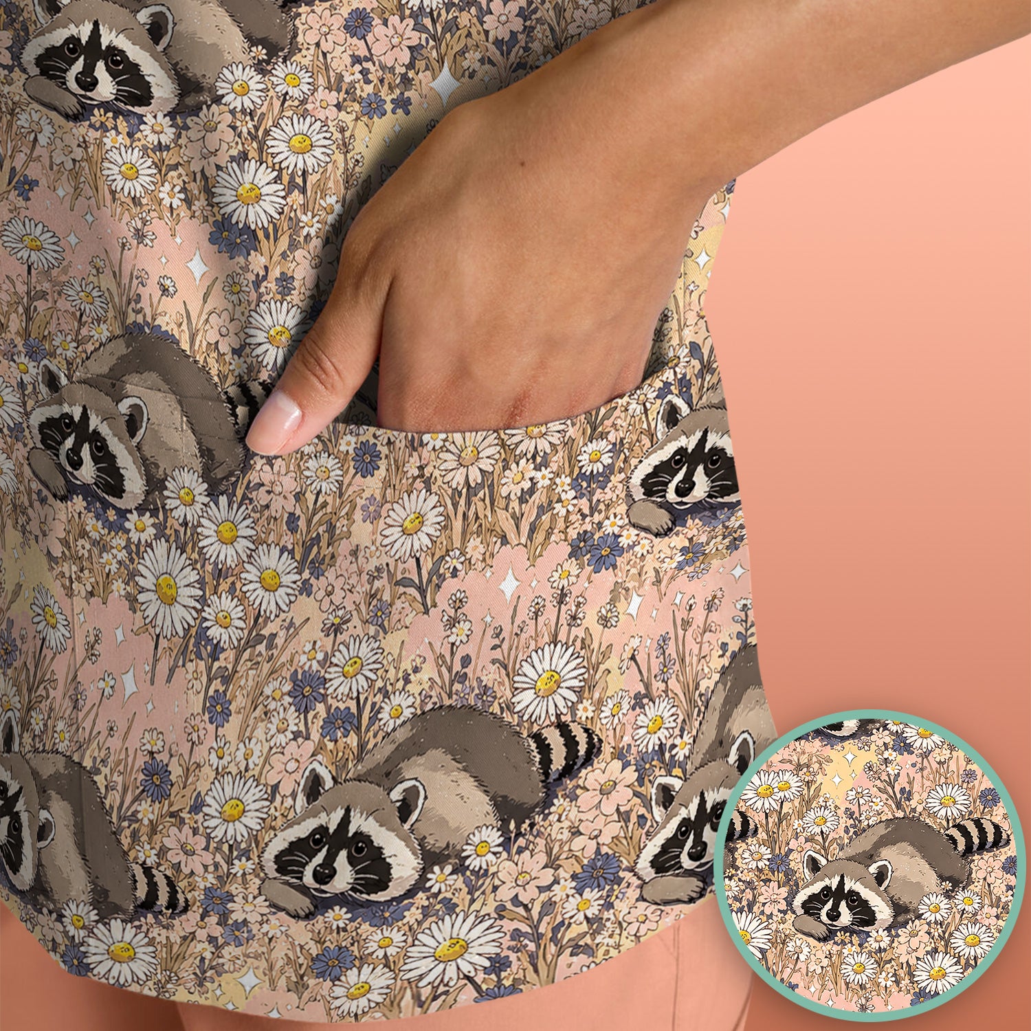 Cute Raccoon Wildflower Meadow Pattern Scrub Top, Comfortable Scrubs for Nurses