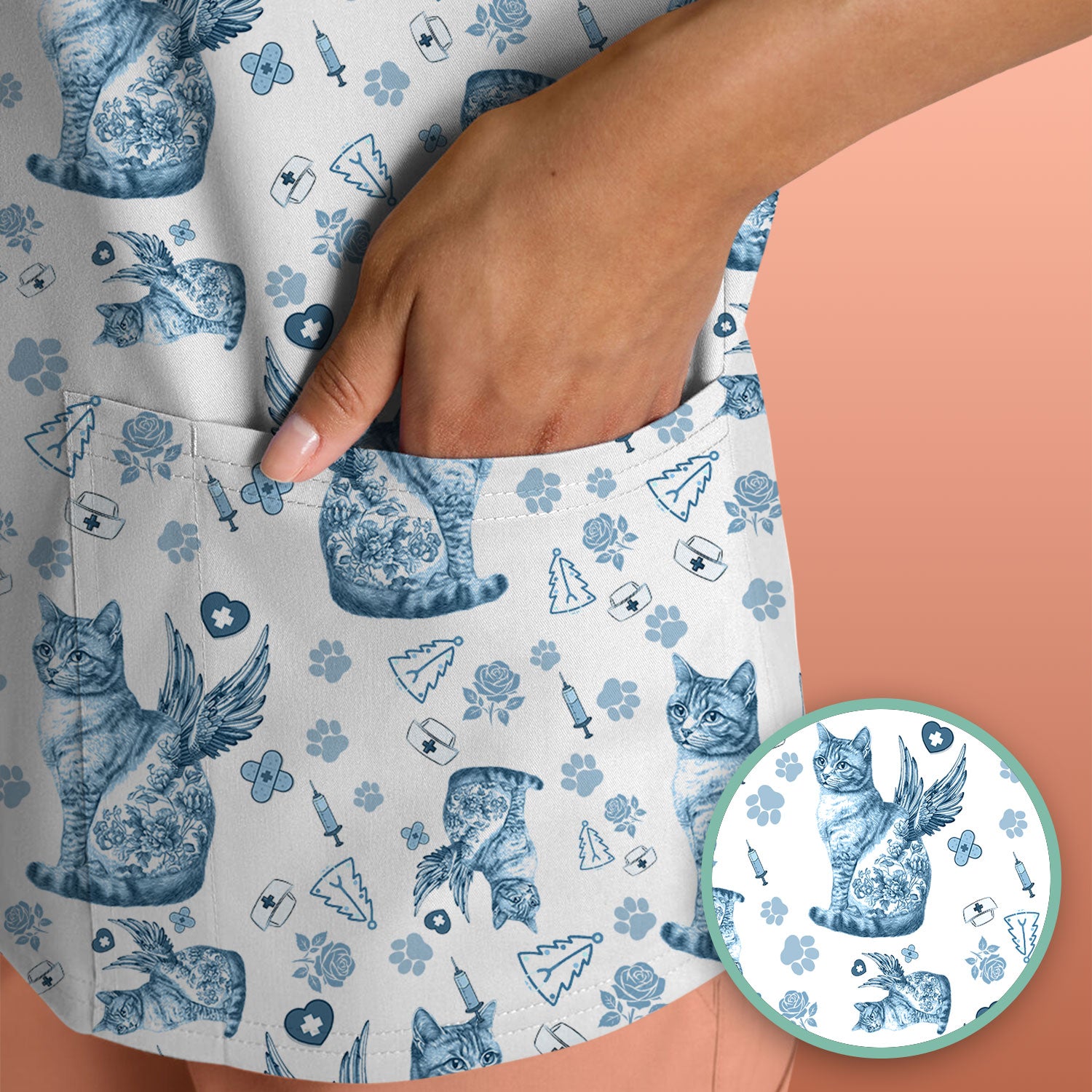 Toile de Jouy Cat Angel Scrub Top - Blue Vintage Nurse Shirt - French Style Medical Uniform for Women RN LPN CNA Gift