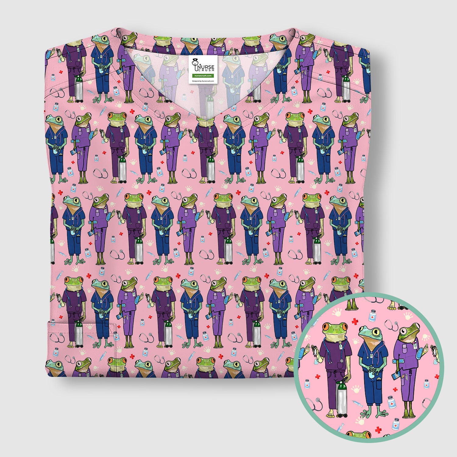 Funny Frog Nurse Pattern Scrub Top, Breathable Healthcare Uniform Top