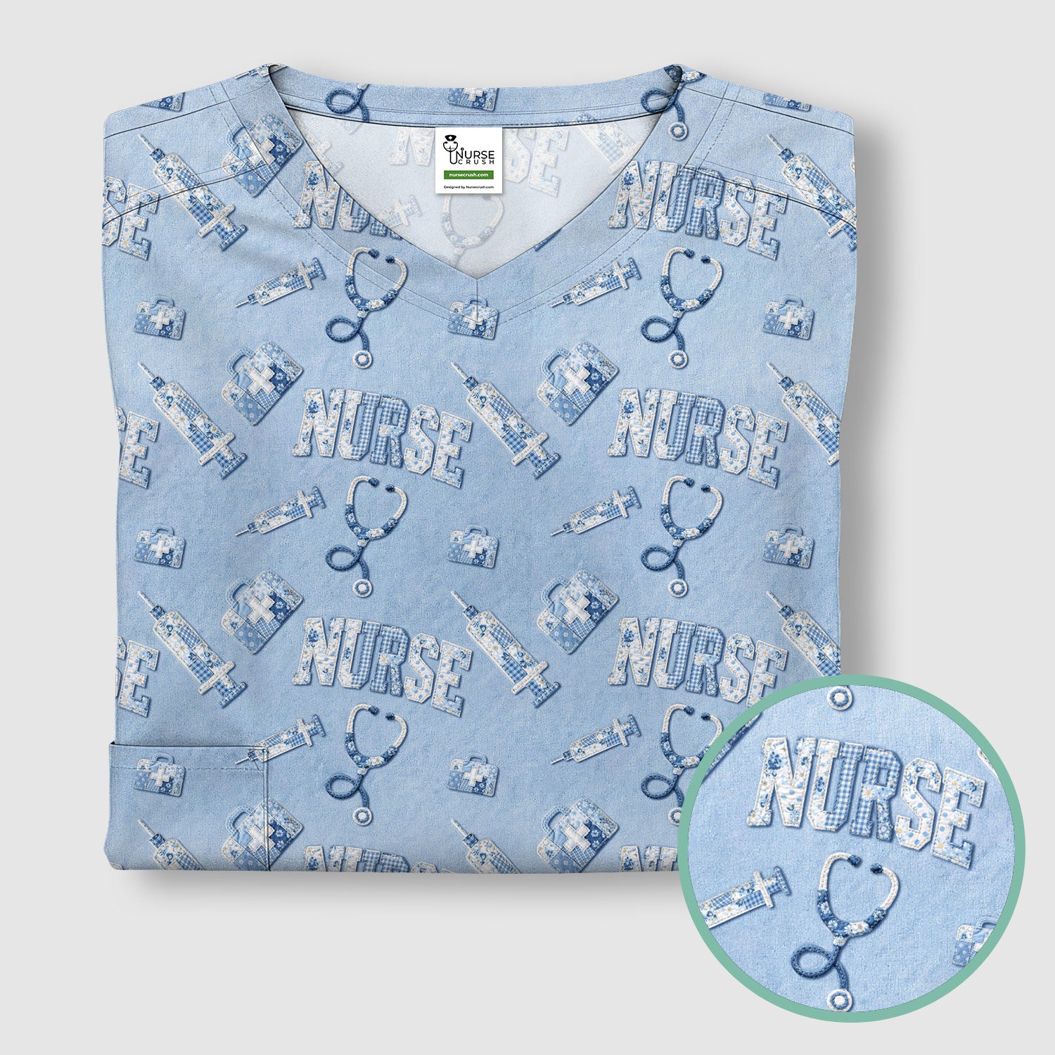 Blue Nurse Medical Pattern Scrub Top for Women, Breathable Nursing Uniform