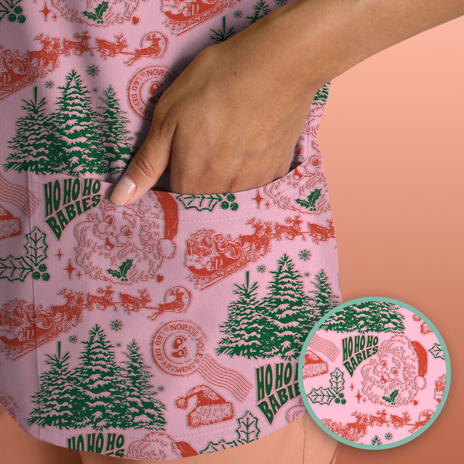 Christmas Santa Scrub Top, Vintage Holiday Nurse Shirt, Festive Medical Uniform For Nursing