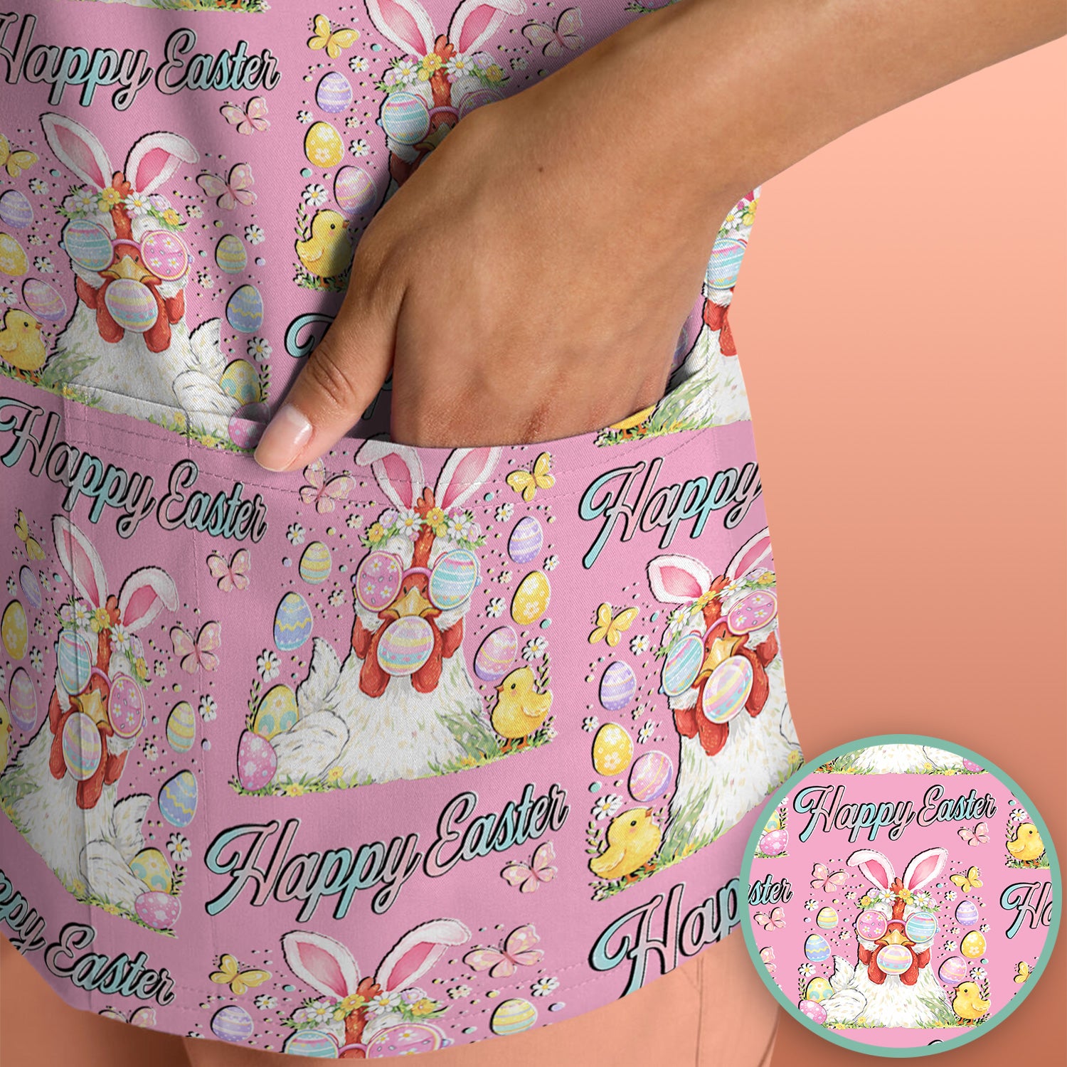 Happy Easter Bunny Eggs Pattern Scrub Top, Comfortable Scrubs for Nurses