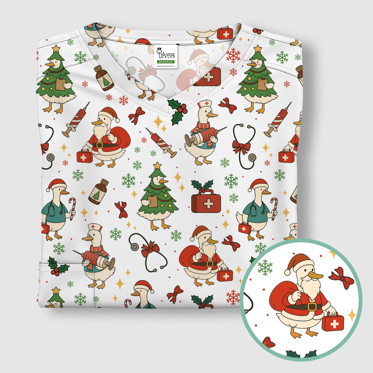 Christmas Duck Nurse Scrub Top for Women - Cute Santa Claus Pattern - Funny Holiday Nursing Shirt Gift for RN LPN CNA