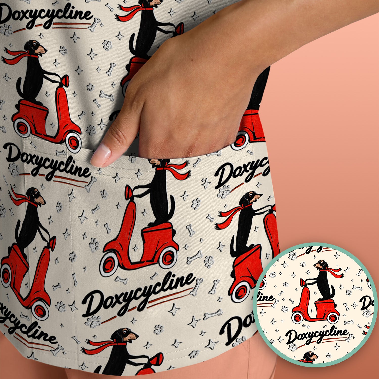 Funny Dachshund Riding Scooter Doxycycline Print Scrub Top ,Comfortable Scrubs for Nurses