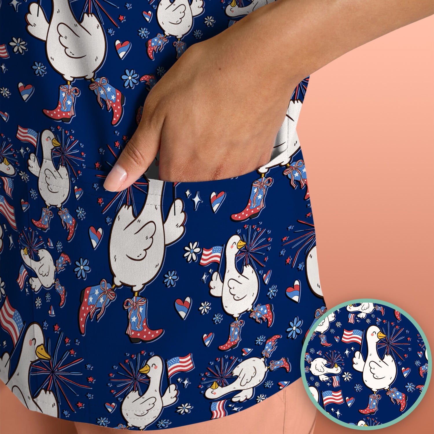 Patriotic Goose With USA Flag Fireworks Scrub Top, Comfortable Scrubs for Nurses