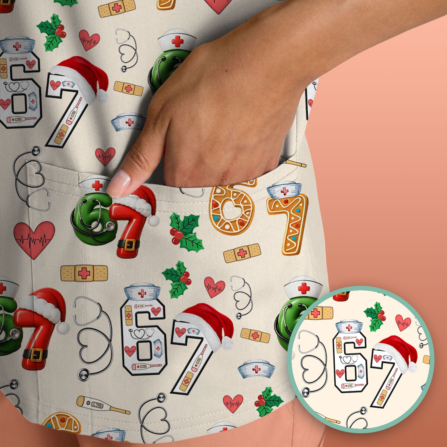 Christmas Nurse 67 Pattern Scrub Top, Cute Holiday Medical Shirt With Santa Hat, Uniform For Nursing
