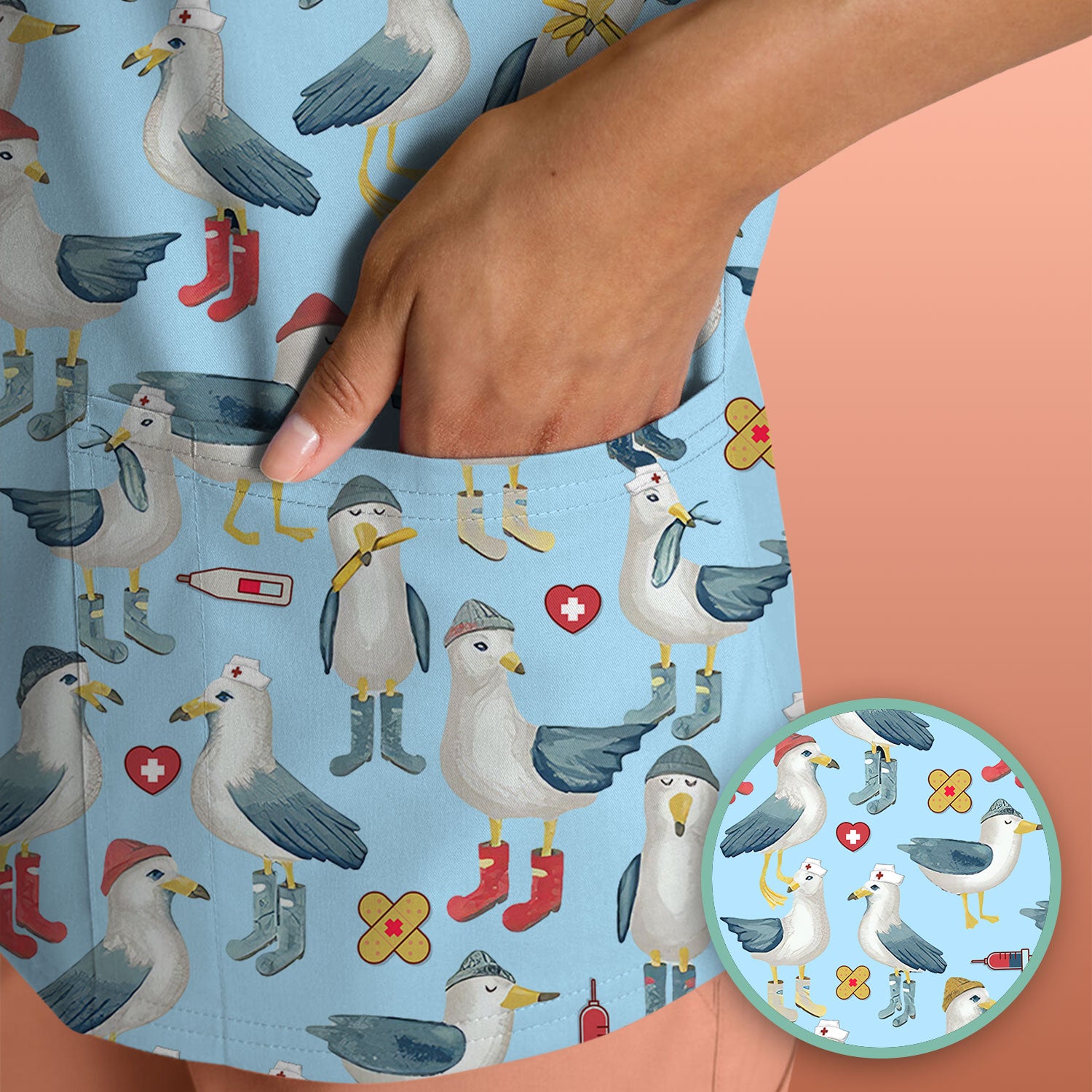 Seagull Scrub Top for Nurses - Adorable Birds Medical Uniform - Funny Shirt for RN CNA LPN