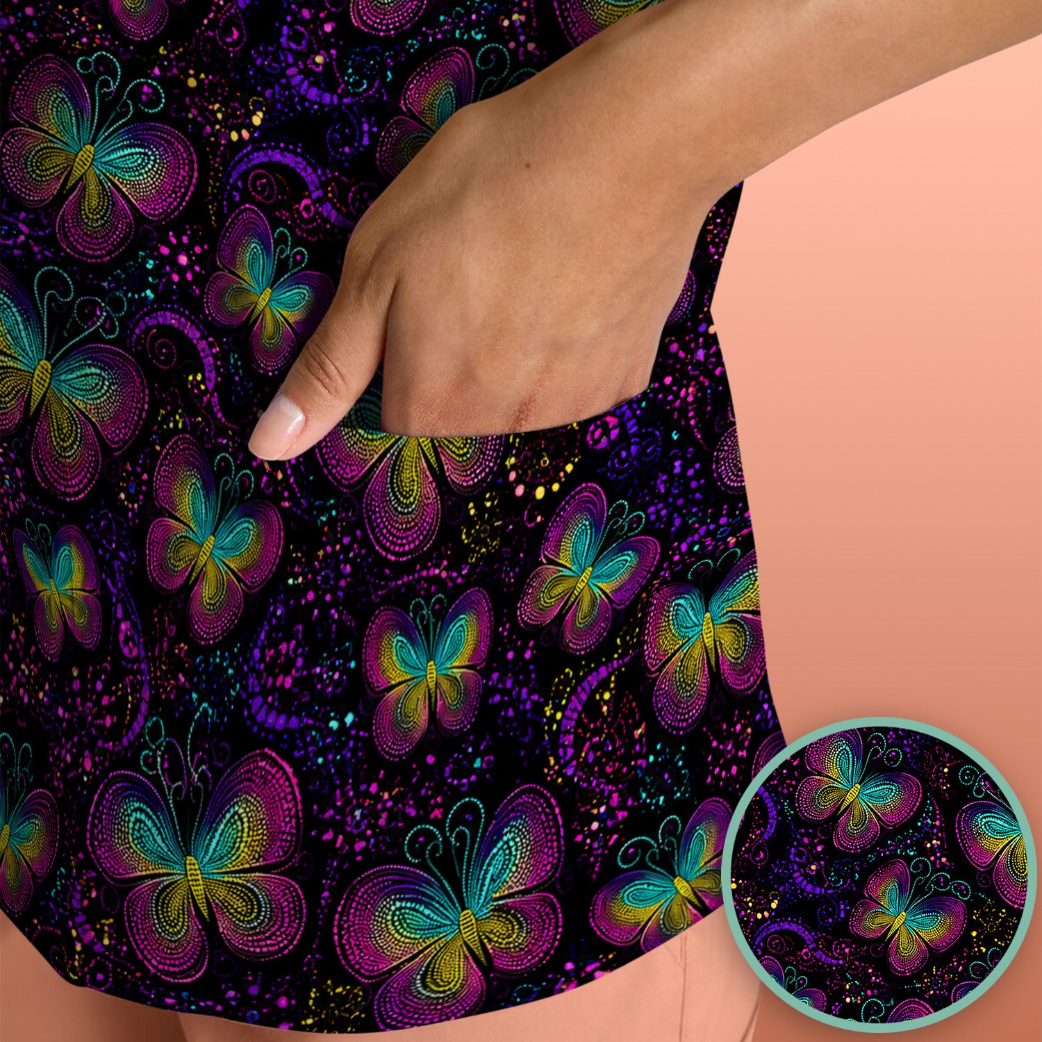 Cute Neon Butterfly Swirl Pattern Scrub Top, Comfortable Scrubs for Nurses