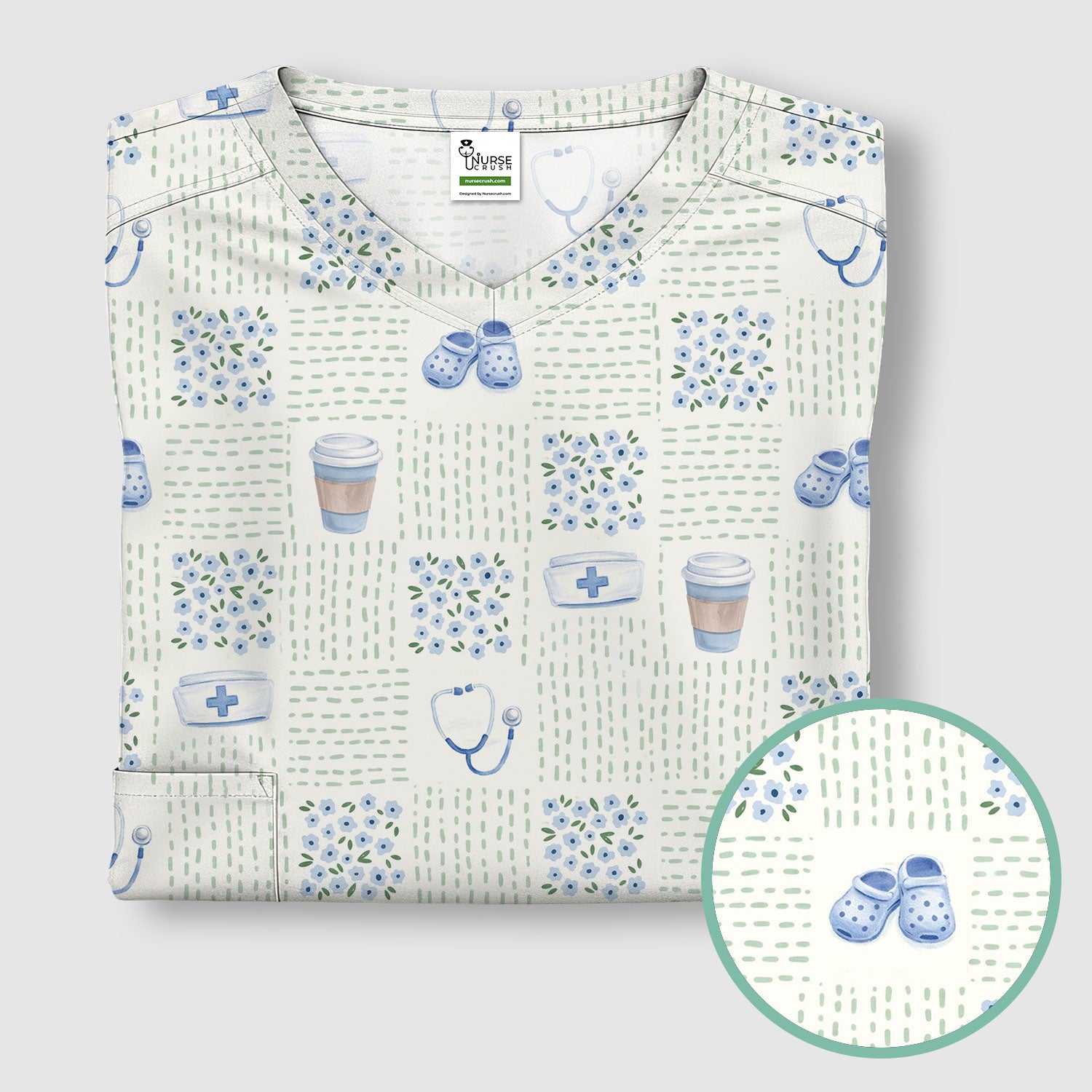 Cute Medical Essentials Pattern Scrub Top, Comfortable Scrubs for Nurses