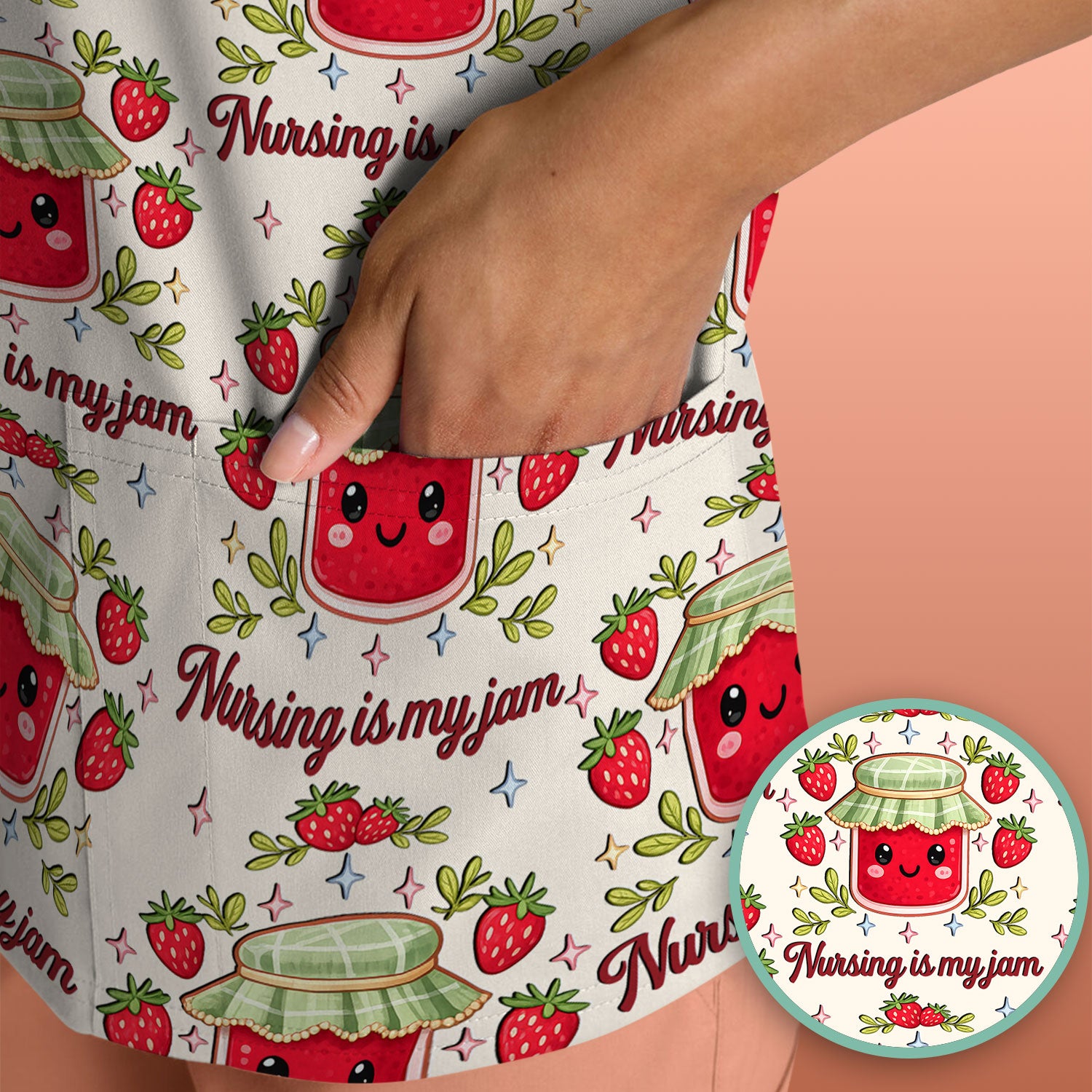Cute Strawberry Jam Nurse Pattern Scrub Top, Breathable Fabrics Nursing Uniform