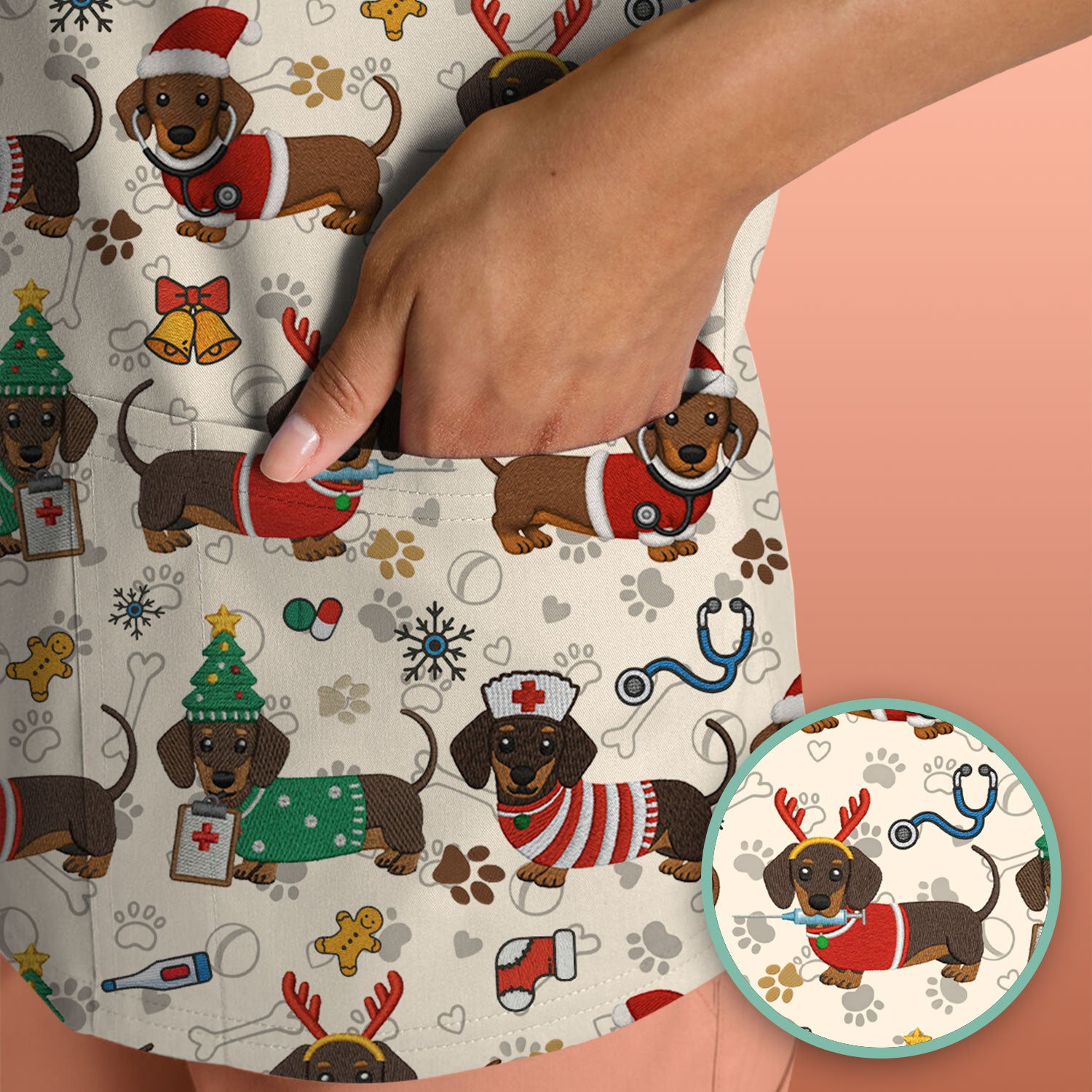 Christmas Dachshund Scrub Top for Nurses - Cute Wiener Dog Pattern Medical Shirt - Festive Holiday Scrubs Gift for Women RN CNA LPN