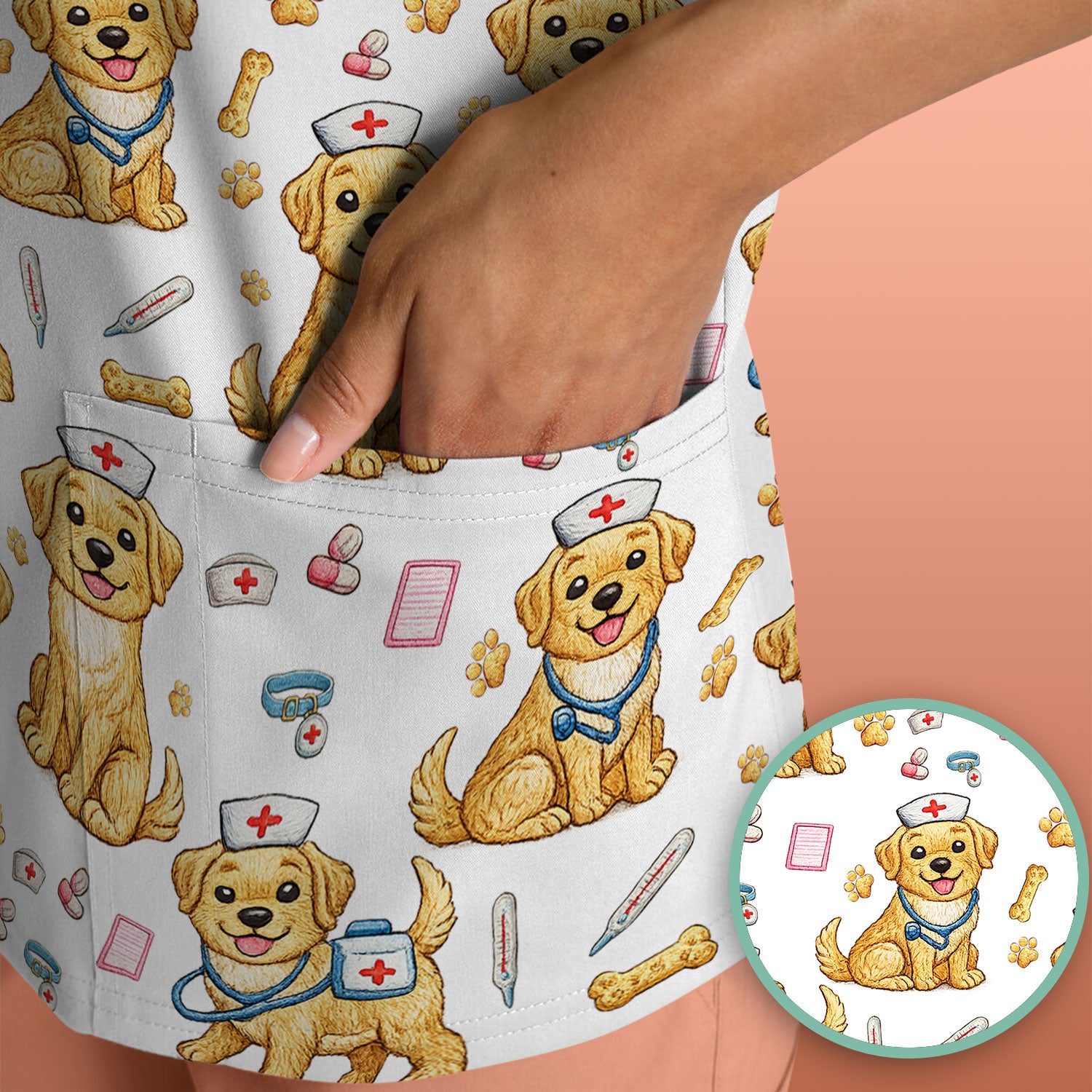 Cute Puppy Nurse Medical Print Scrub Top, Comfortable Scrubs for Nurses