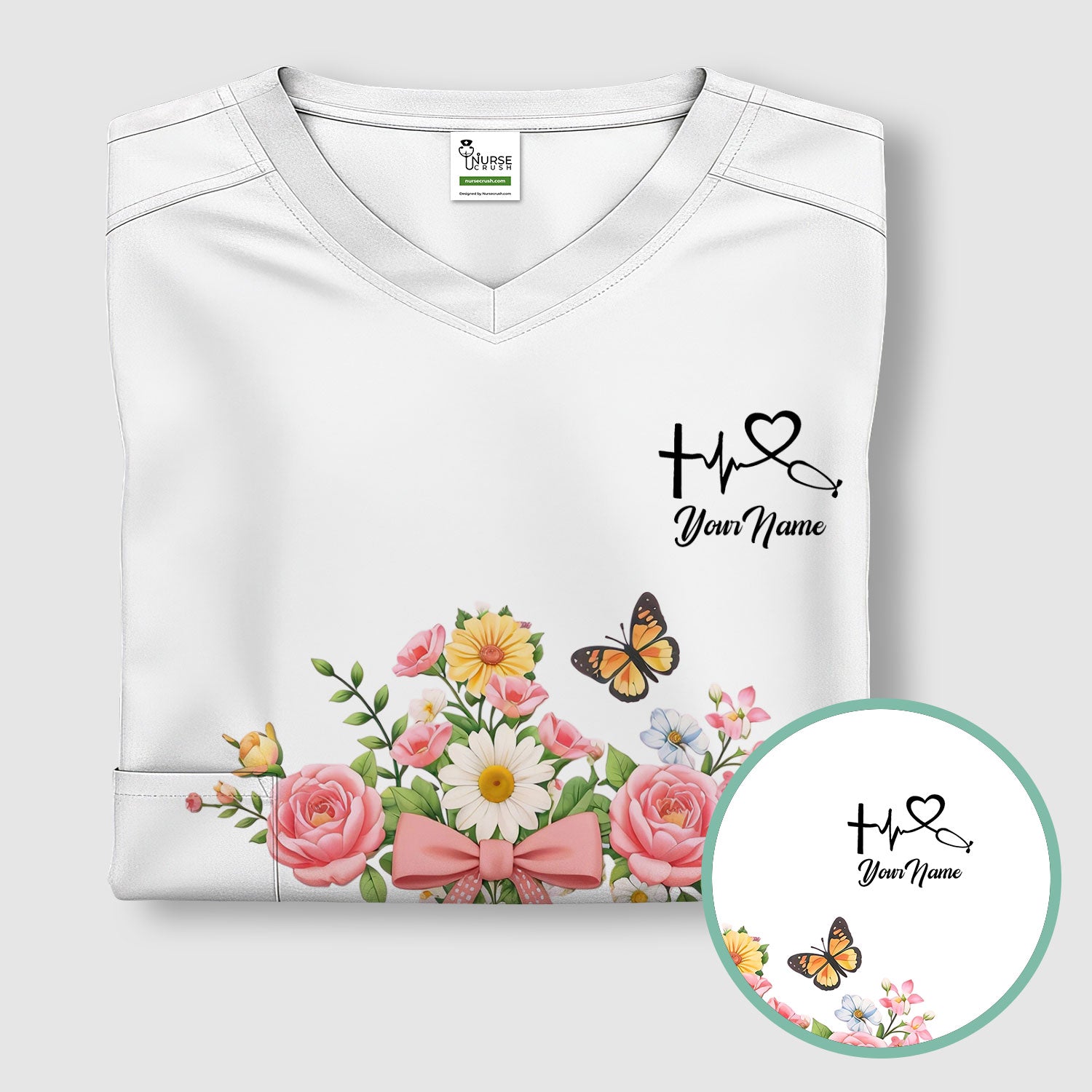 Personalized Meaningful Easter Nurse He Is Risen Floral Cross Bow Pattern Scrub Top, Comfortable Scrubs for Nurses