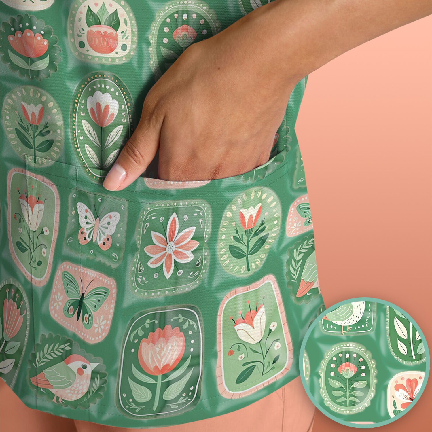 Folk Art Floral Bird Butterfly Garden Pattern Scrub Top, Comfortable Scrubs for Nurses