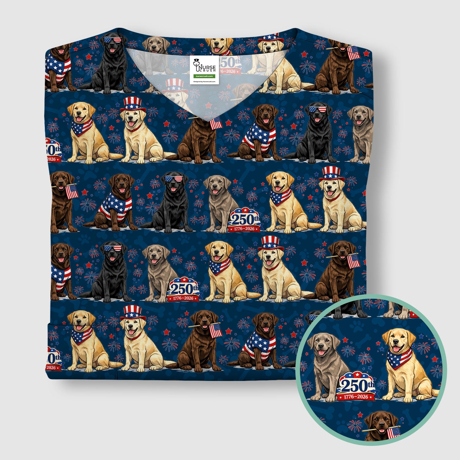 4th of July Labrador Dog Patriotic Print Scrub Top, USA Flag Nursing Uniform for Women