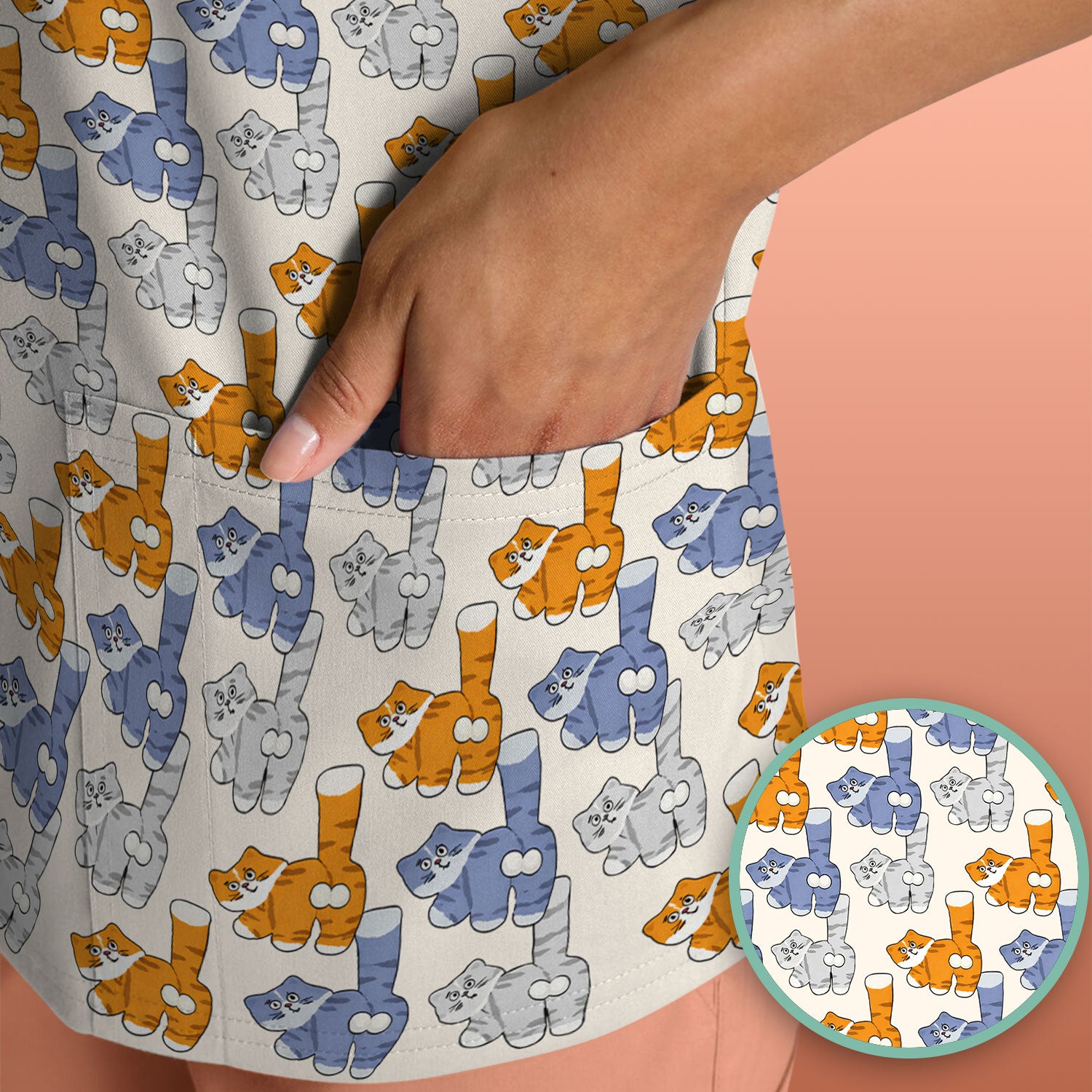 Cute Cartoon Cat Pattern Scrub Top for Nurses, Comfortable Scrubs for Nurses