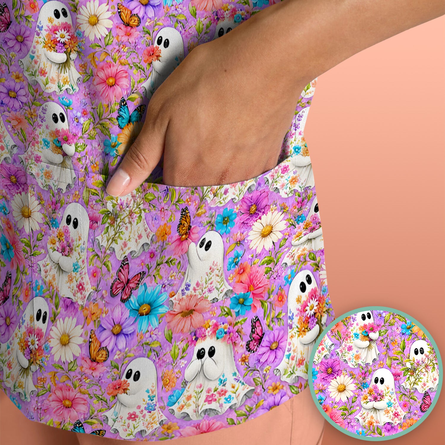 Cute Halloween Floral Ghosts And Butterflies Scrub Top, Comfortable Scrubs for Nurses