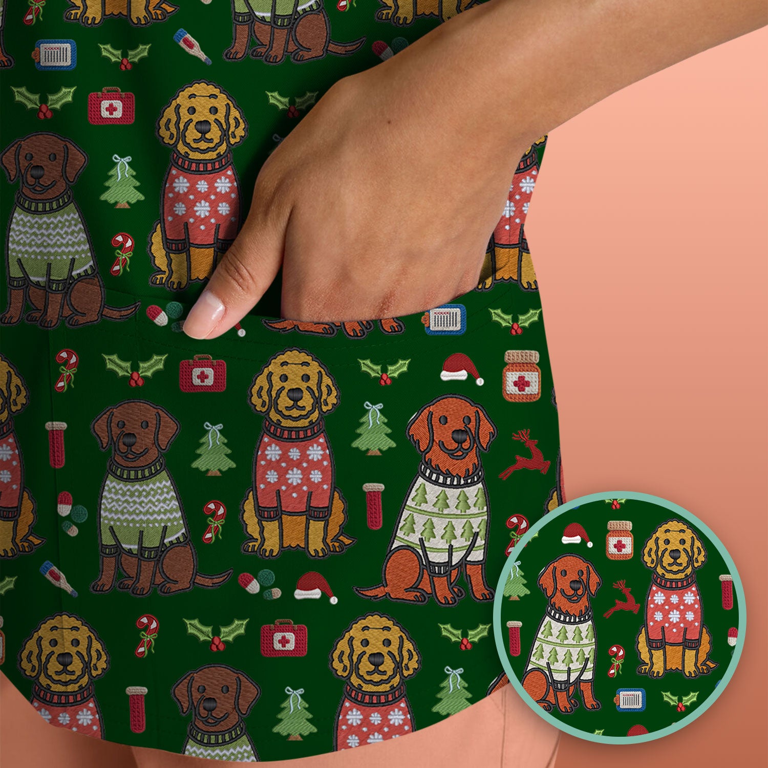 Golden Retriever Christmas Scrub Top, Cute Holiday Dog Nurse Pattern Shirt, Breathable Fabrics Nursing Uniform