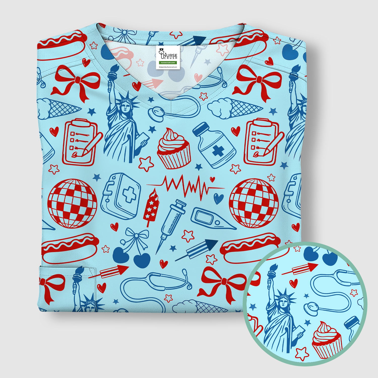 Patriotic Nurse Medical Icons Pattern Scrub Top, Breathable Fabrics Nursing Uniform