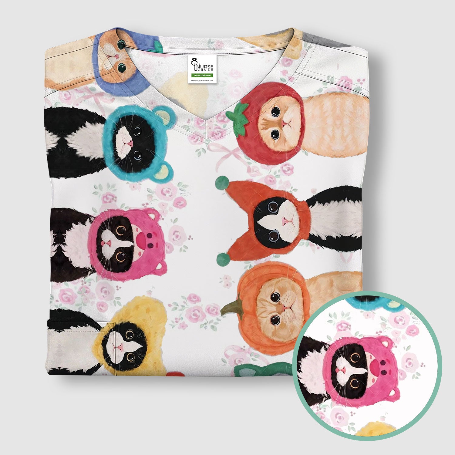 Funny Cartoon Cat Print Scrub Top, Nurse Healthcare Workwear