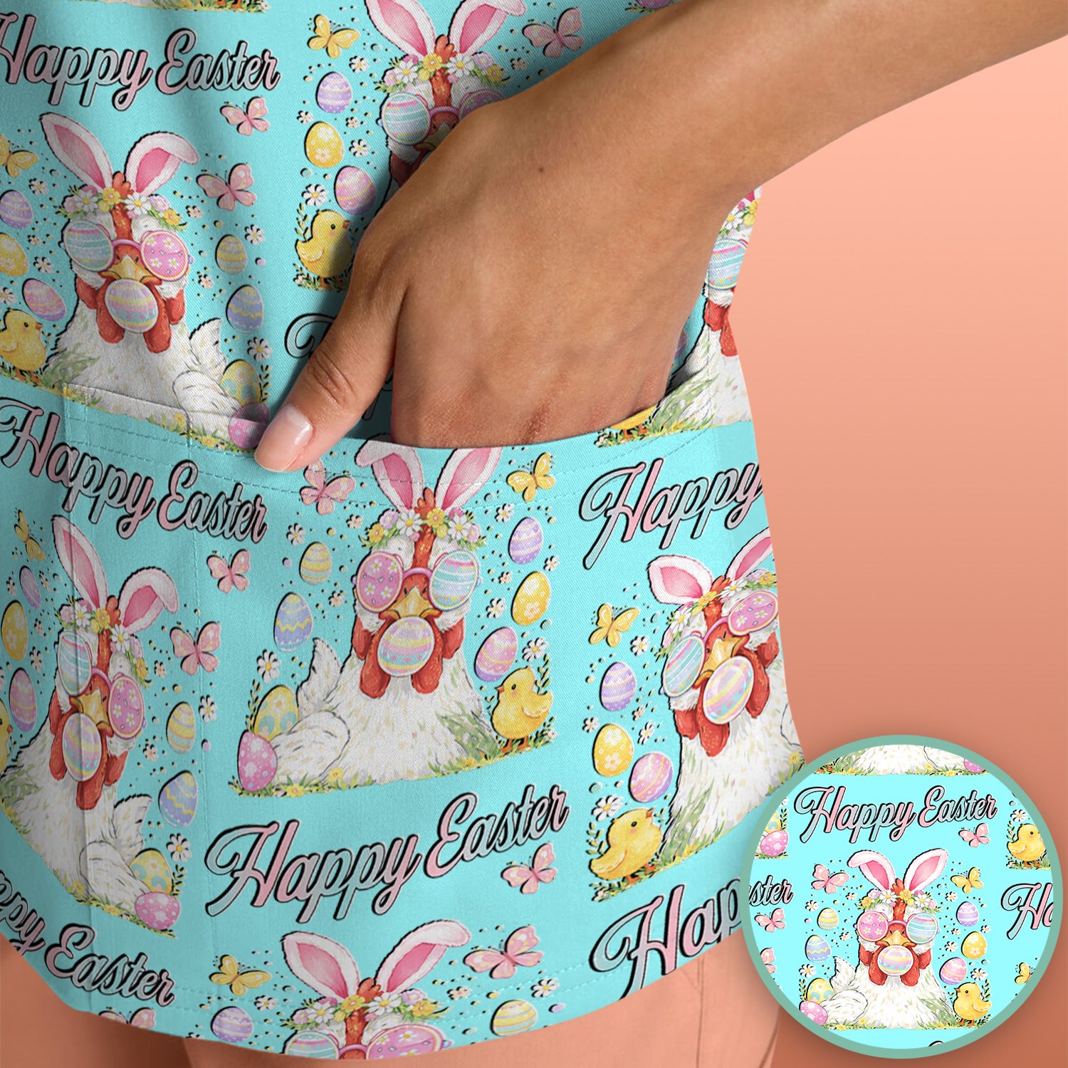 Happy Easter Bunny Eggs Pattern Scrub Top, Comfortable Scrubs for Nurses