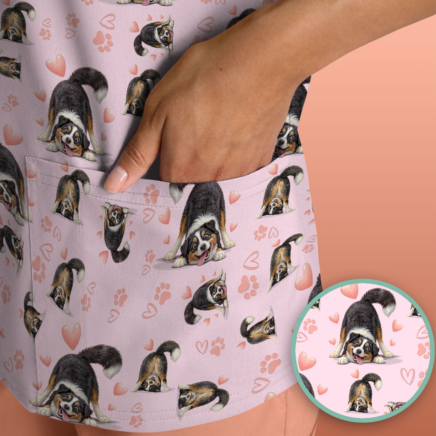 Playful Dog Heart Medical Print Scrub Top, Breathable Fabrics Nursing Uniform