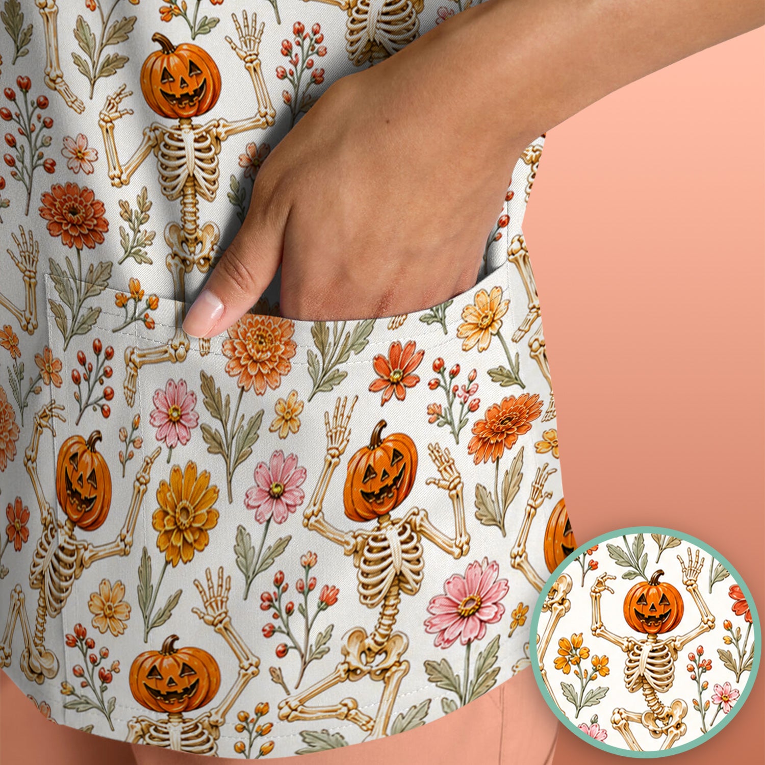 Halloween Pumpkin Skeleton Floral Scrub Top, Comfortable Scrubs for Nurses