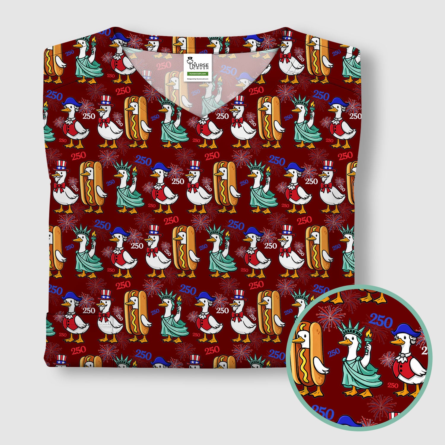 Patriotic Duck Independence Day Pattern Scrub Top, Breathable Healthcare Uniform Top