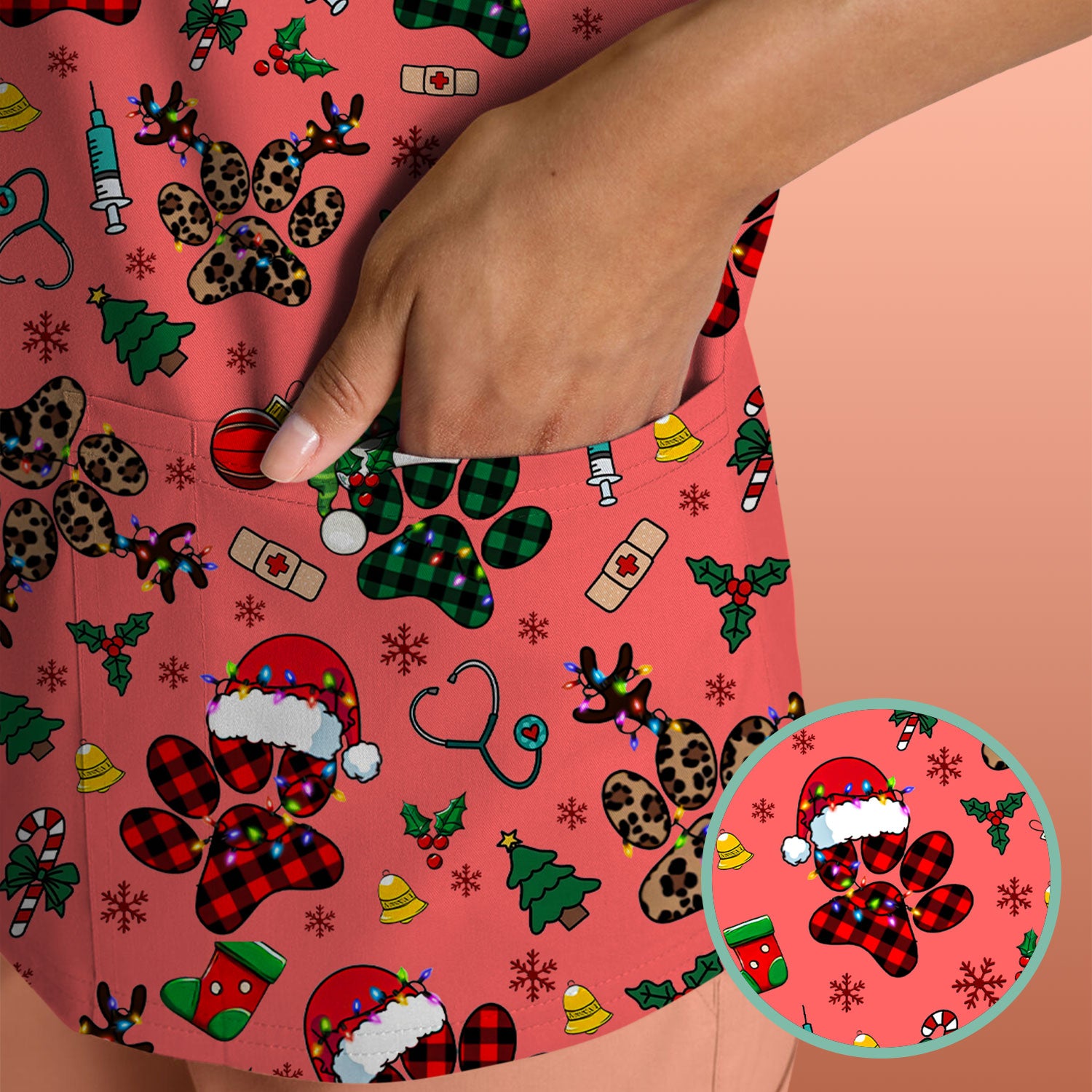 Christmas Paw Print Scrub Top for Nurses - Cute Leopard Holiday Pattern - Funny Festive Medical Uniform Gift